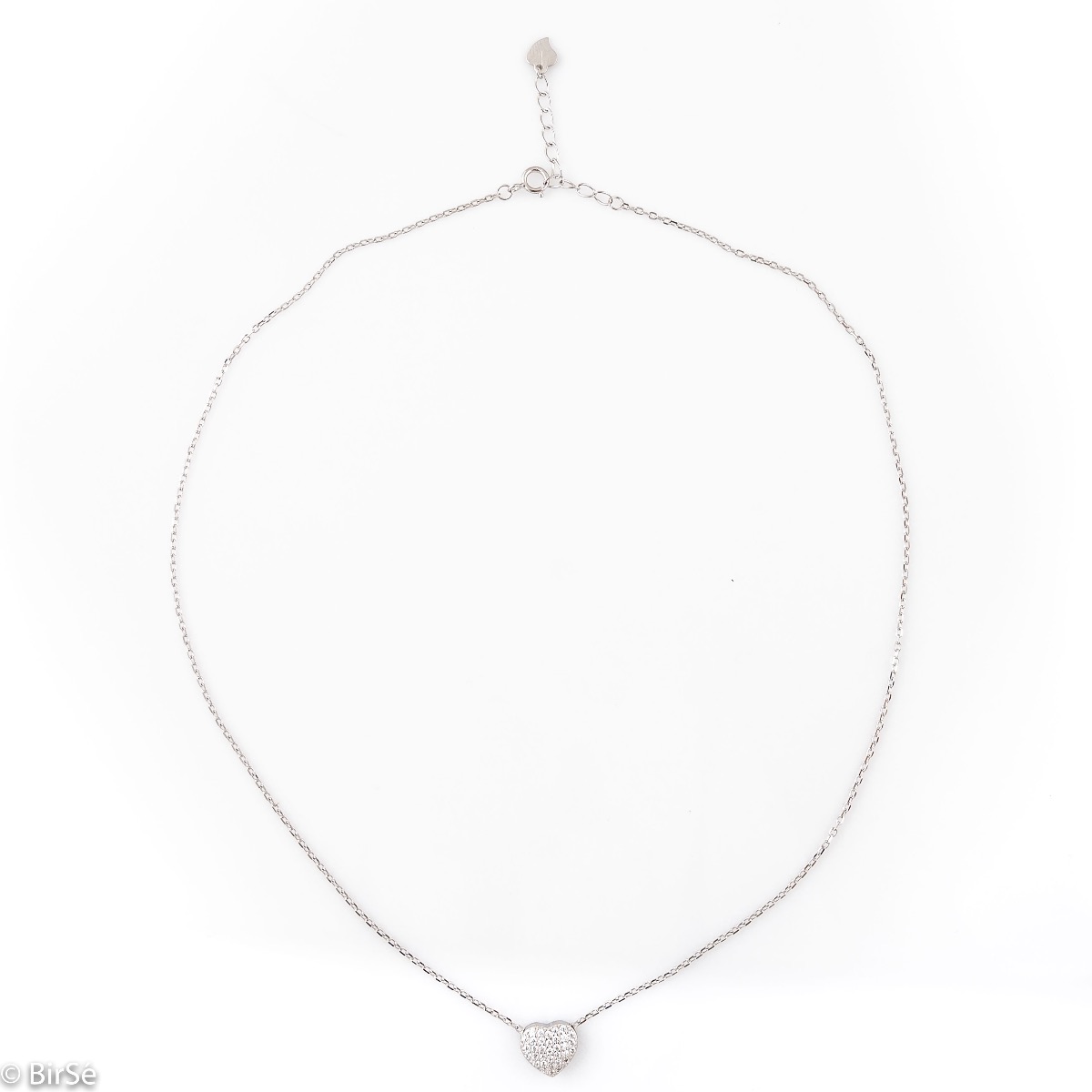 A stylish and delicate ladies' necklace with a fine rhodium-plated silver design and a small heart shape, studded with sparkling zircons. Suitable for everyday life.