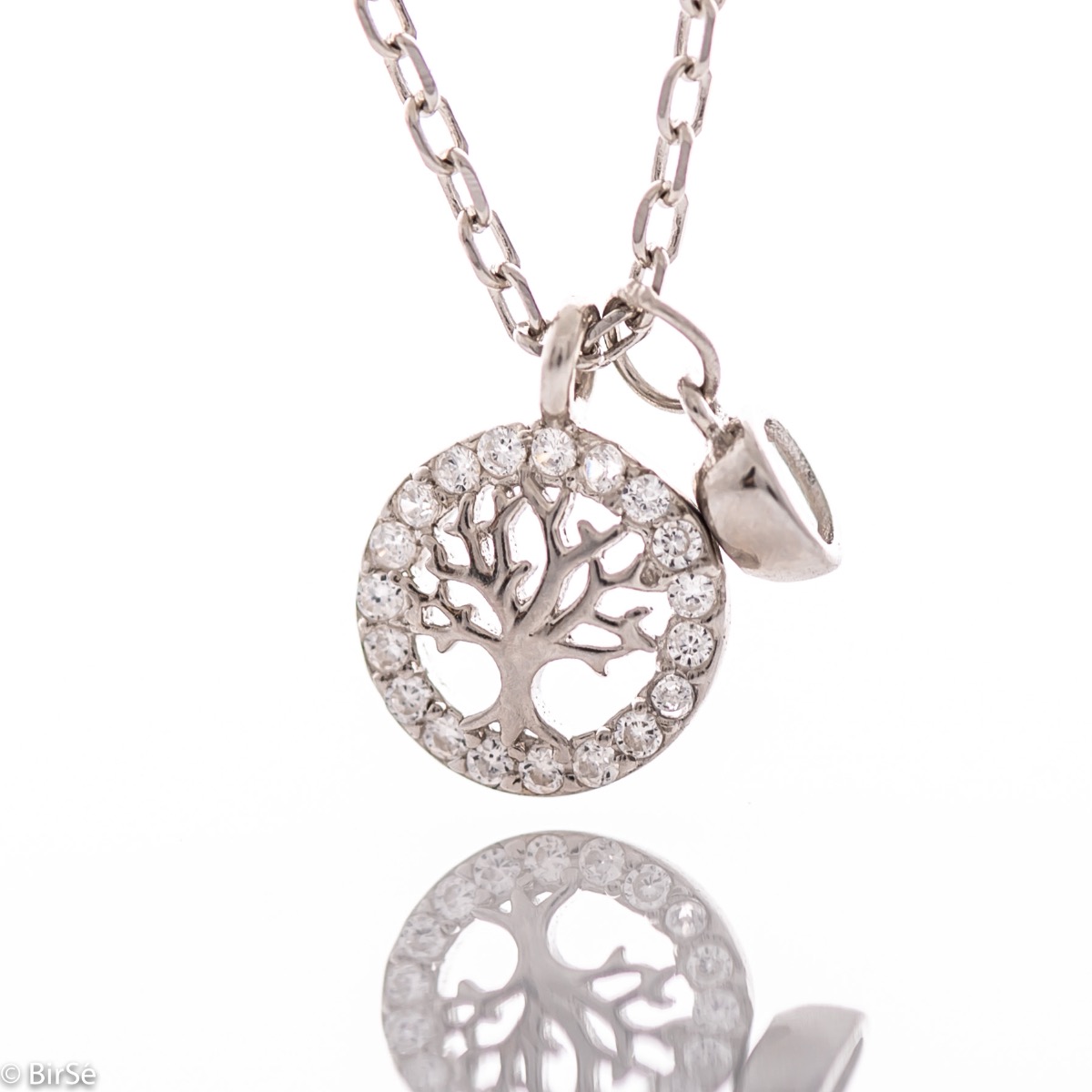 A fine women's necklace with beautiful workmanship entirely of rhodium-plated silver and delicate details forming the tree of life, surrounded by sparkling zircons.