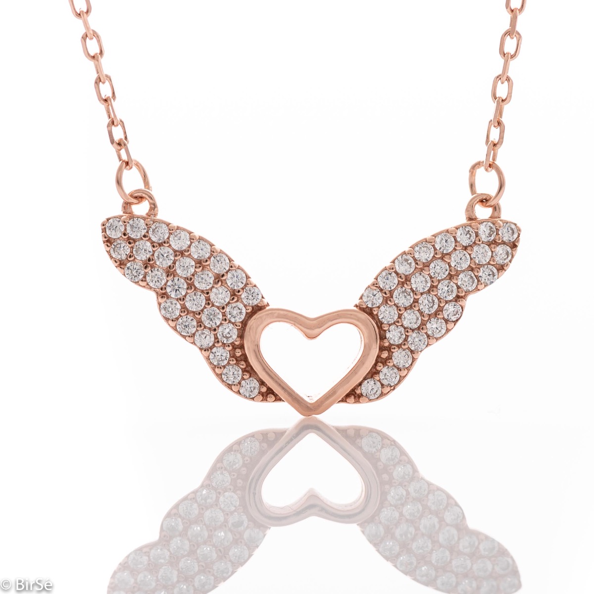 An elegant women's necklace made entirely of rhodium-plated rose silver, complemented by sparkling zircons and a small heart shape surrounded by beautiful wings.