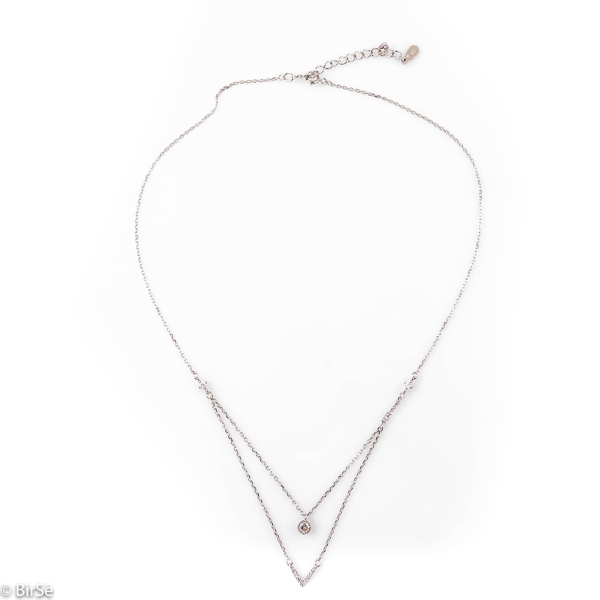 Extremely delicate and elegant women's necklace with a double chain and exquisite elements. Precise craftsmanship combining brilliant rhodium silver with fine zircons.