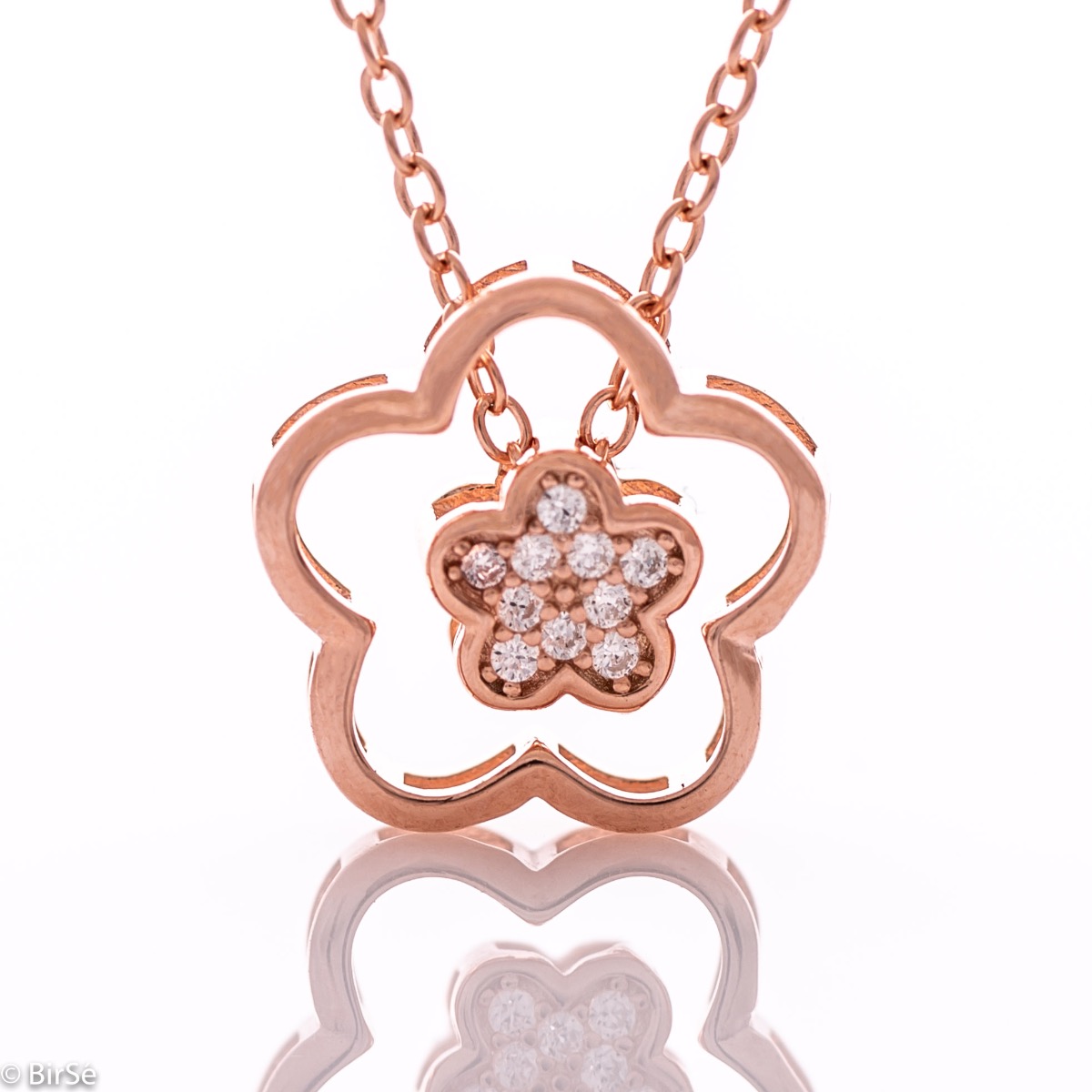 Delicate women's necklace with an exquisite shape of two beautiful flowers, made entirely of rhodium-plated rose silver, complemented by sparkling zircons.