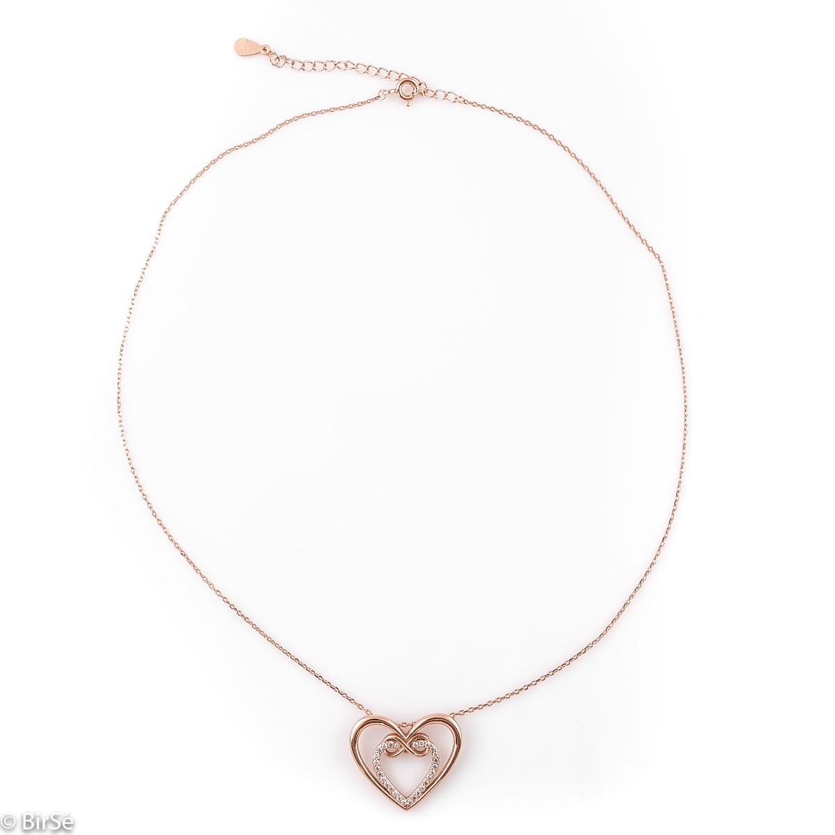 An extremely delicate women's necklace in the shape of beautiful hearts, intertwining infinity. Exquisite workmanship entirely in rhodium-plated rose silver, complemented by sparkling zircons.