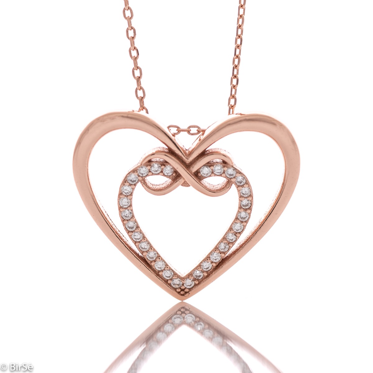 An extremely delicate women's necklace in the shape of beautiful hearts, intertwining infinity. Exquisite workmanship entirely in rhodium-plated rose silver, complemented by sparkling zircons.