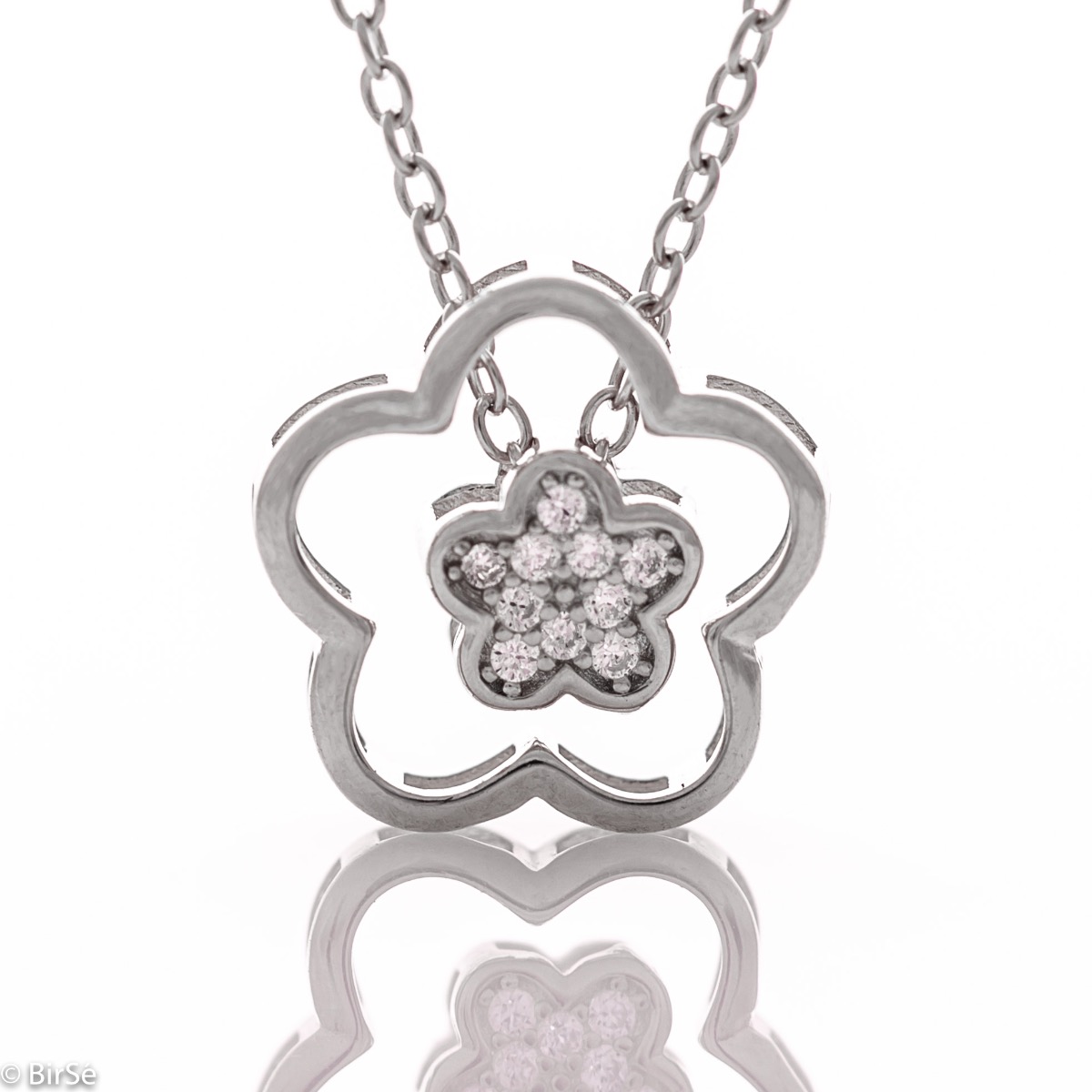 Delicate women's necklace with an exquisite shape of two beautiful flowers, made entirely of rhodium-plated silver, complemented by sparkling zircons.