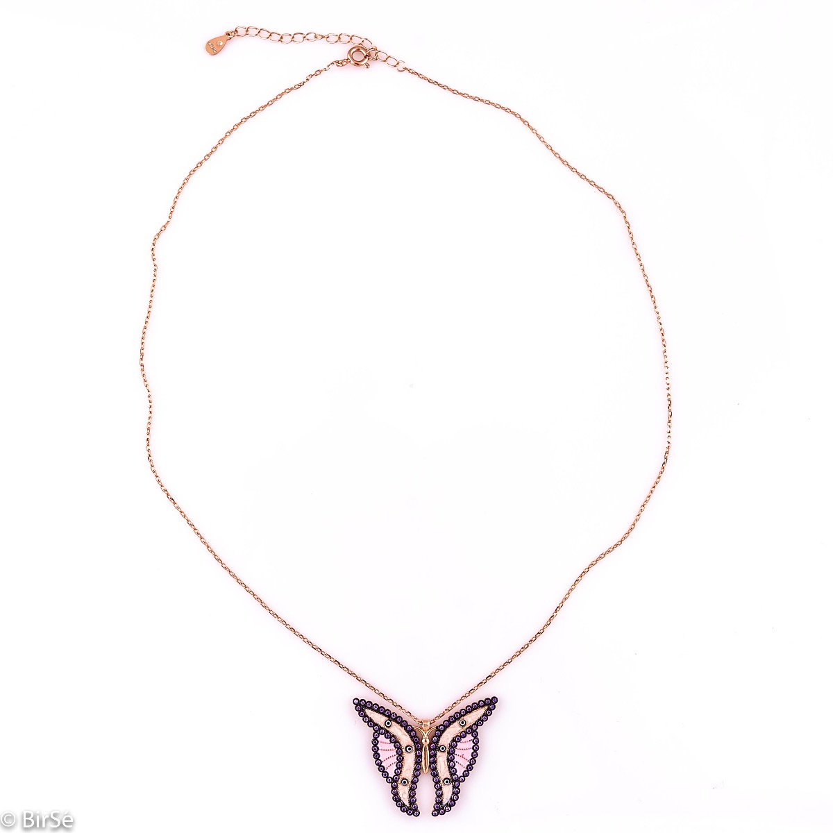 An elegant women's necklace with a spectacular butterfly, made of delicate colors, combined with fine sparkling zircons and elegant rhodium-plated rose silver.