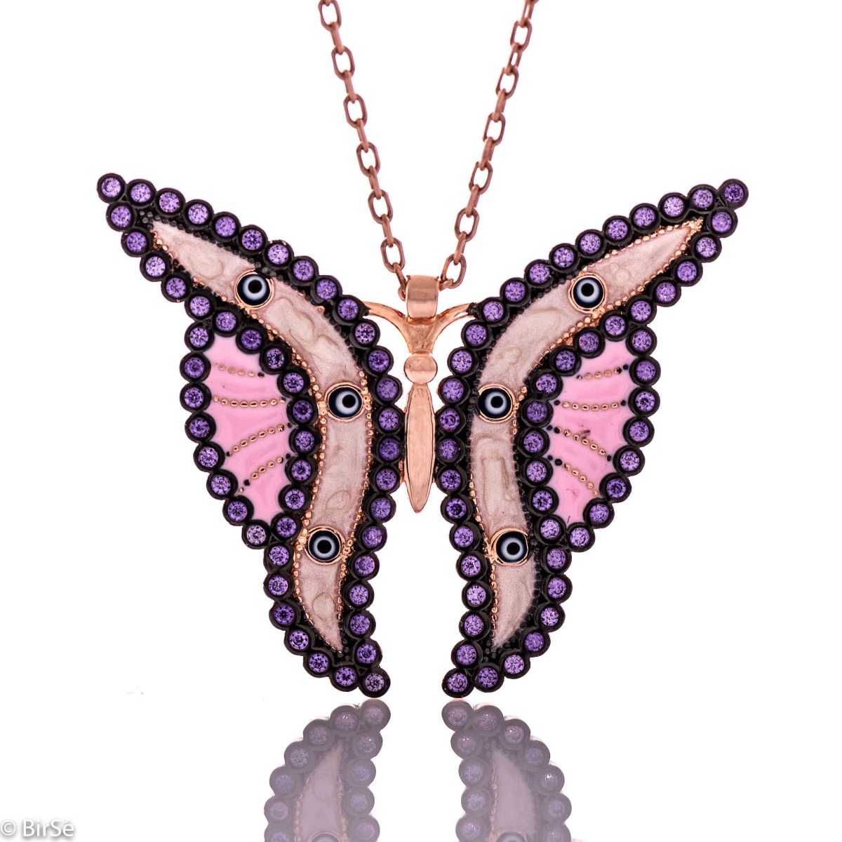 An elegant women's necklace with a spectacular butterfly, made of delicate colors, combined with fine sparkling zircons and elegant rhodium-plated rose silver.