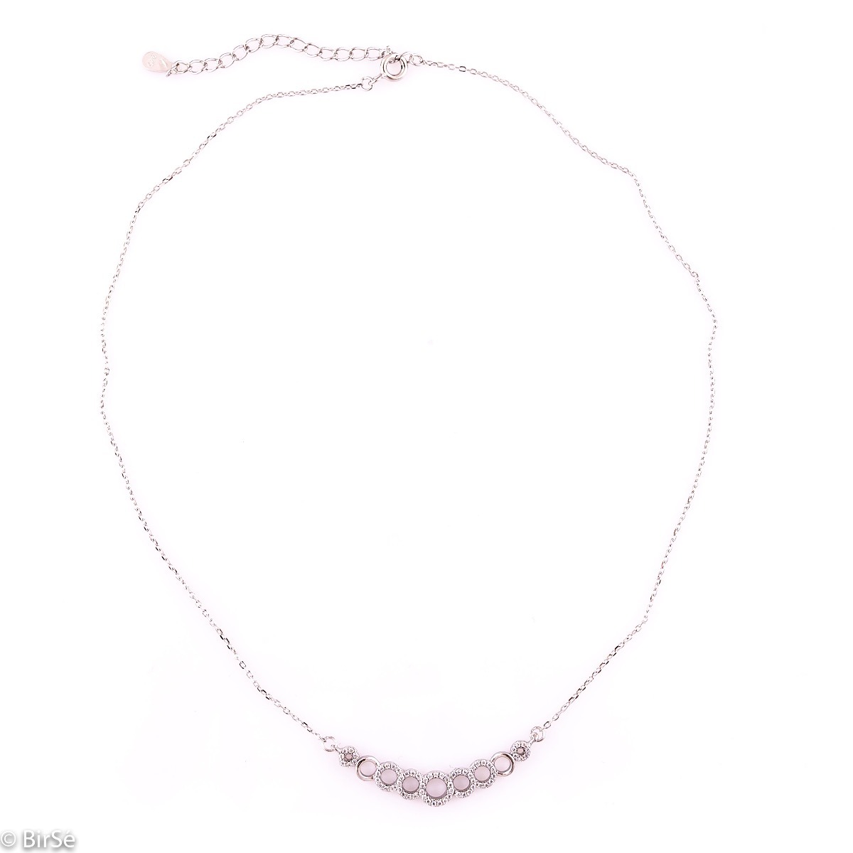 An elegant women's necklace with fine workmanship, combining rhodium-plated silver with sparkling zircons, combined in spectacular circles and a sophisticated design.