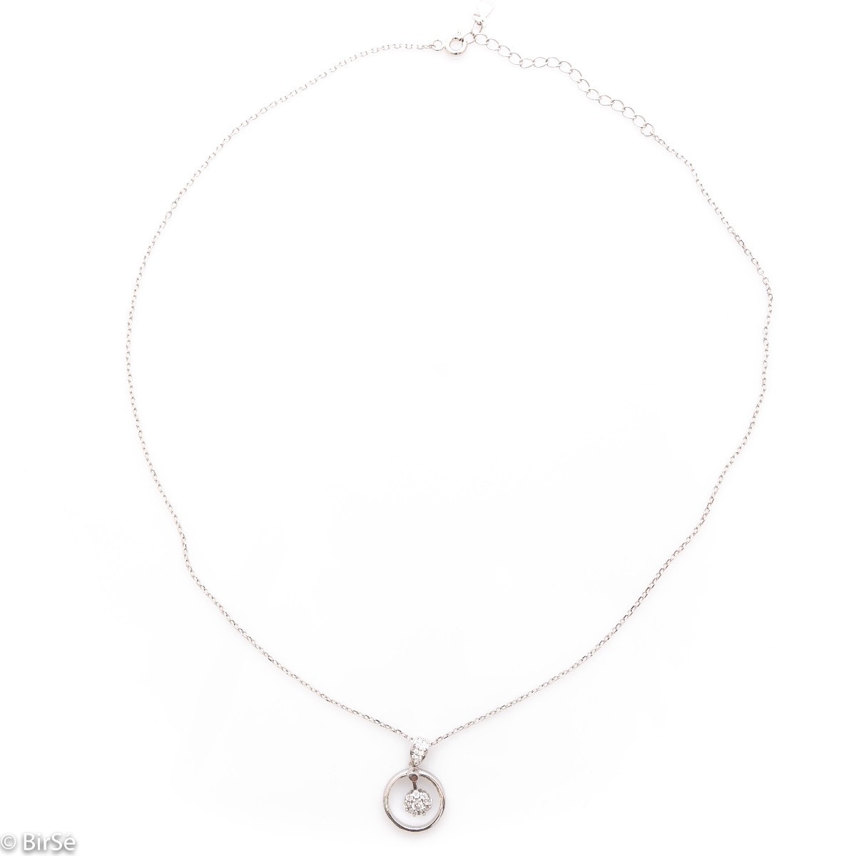 A delicate silver necklace with precise craftsmanship and an exquisite circle shape complemented by fine, sparkling zircons and rhodium-plated silver.