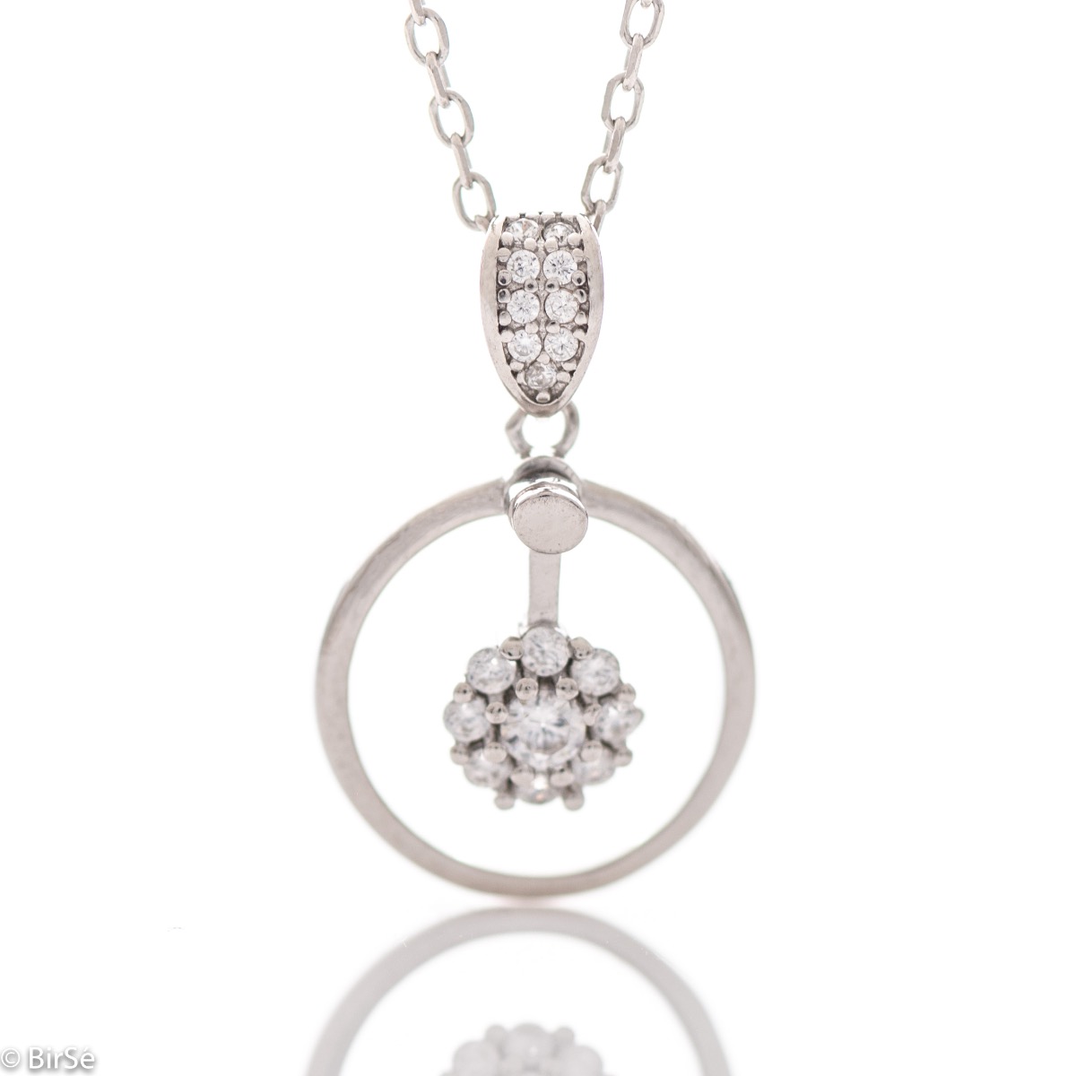 A delicate silver necklace with precise craftsmanship and an exquisite circle shape complemented by fine, sparkling zircons and rhodium-plated silver.