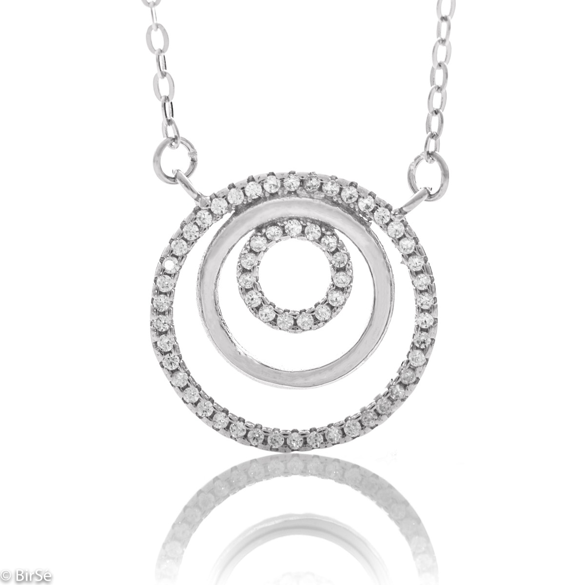 Spectacular silver necklace with circles and exquisite workmanship entirely of rhodium-plated silver, complemented by sparkling zircons.