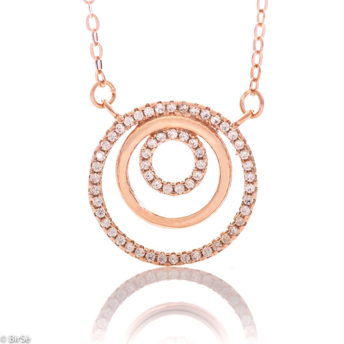 Spectacular silver necklace with circles and exquisite workmanship entirely of rhodium-plated rose silver, complemented by sparkling zircons.