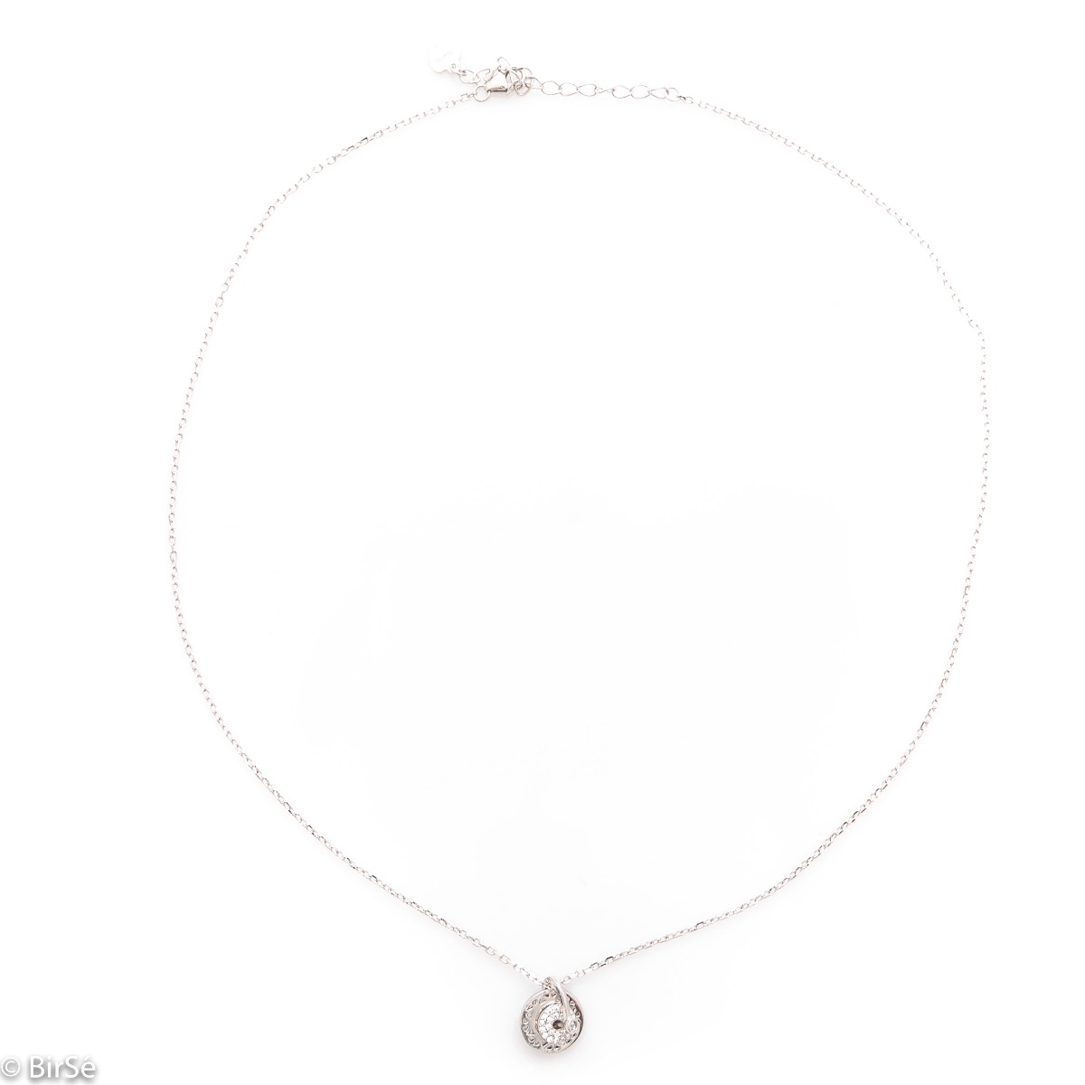 Spectacular silver necklace with delicate craftsmanship entirely of rhodium-plated silver and two fine circle elements, one studded with sparkling zircons.