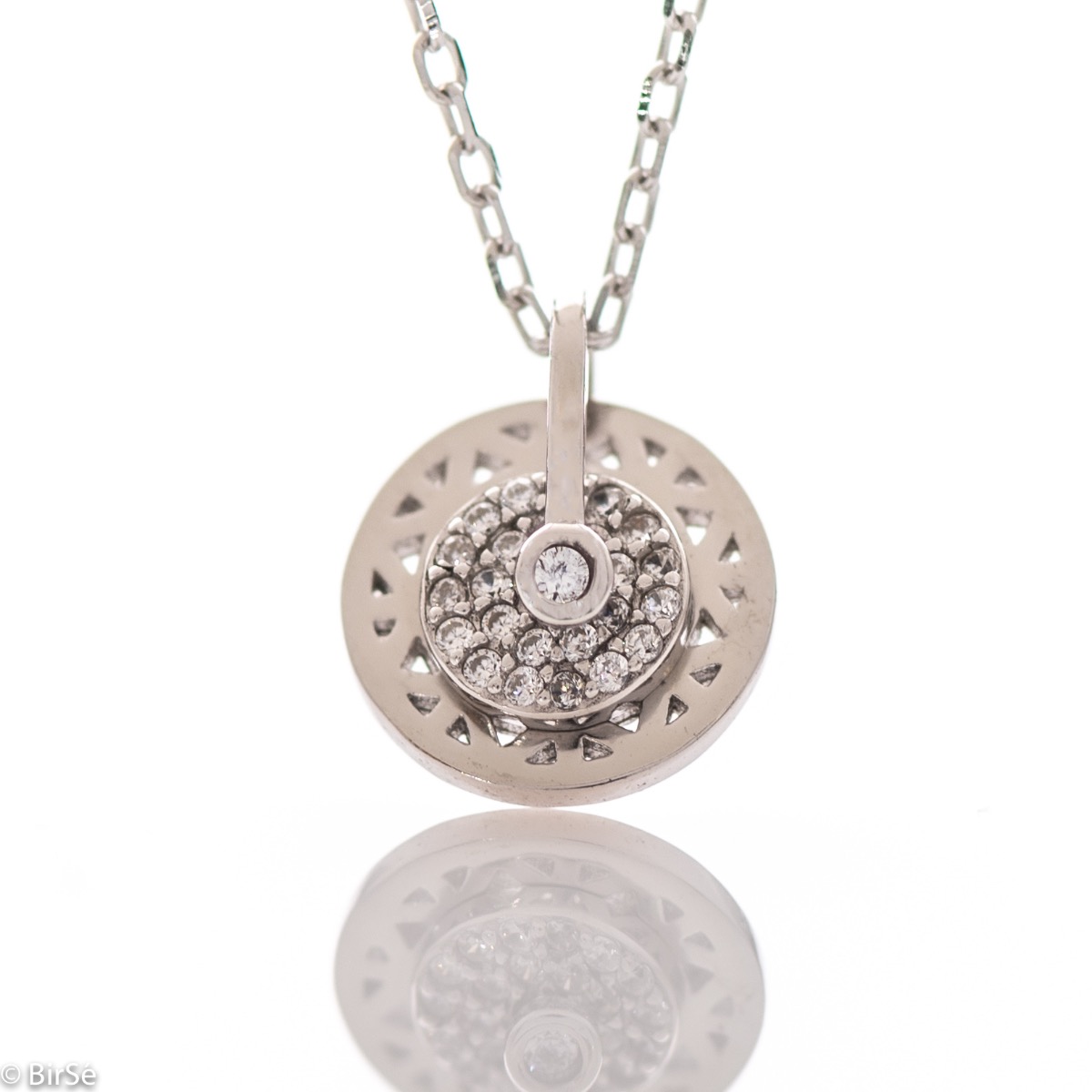 Spectacular silver necklace with delicate craftsmanship entirely of rhodium-plated silver and two fine circle elements, one studded with sparkling zircons.