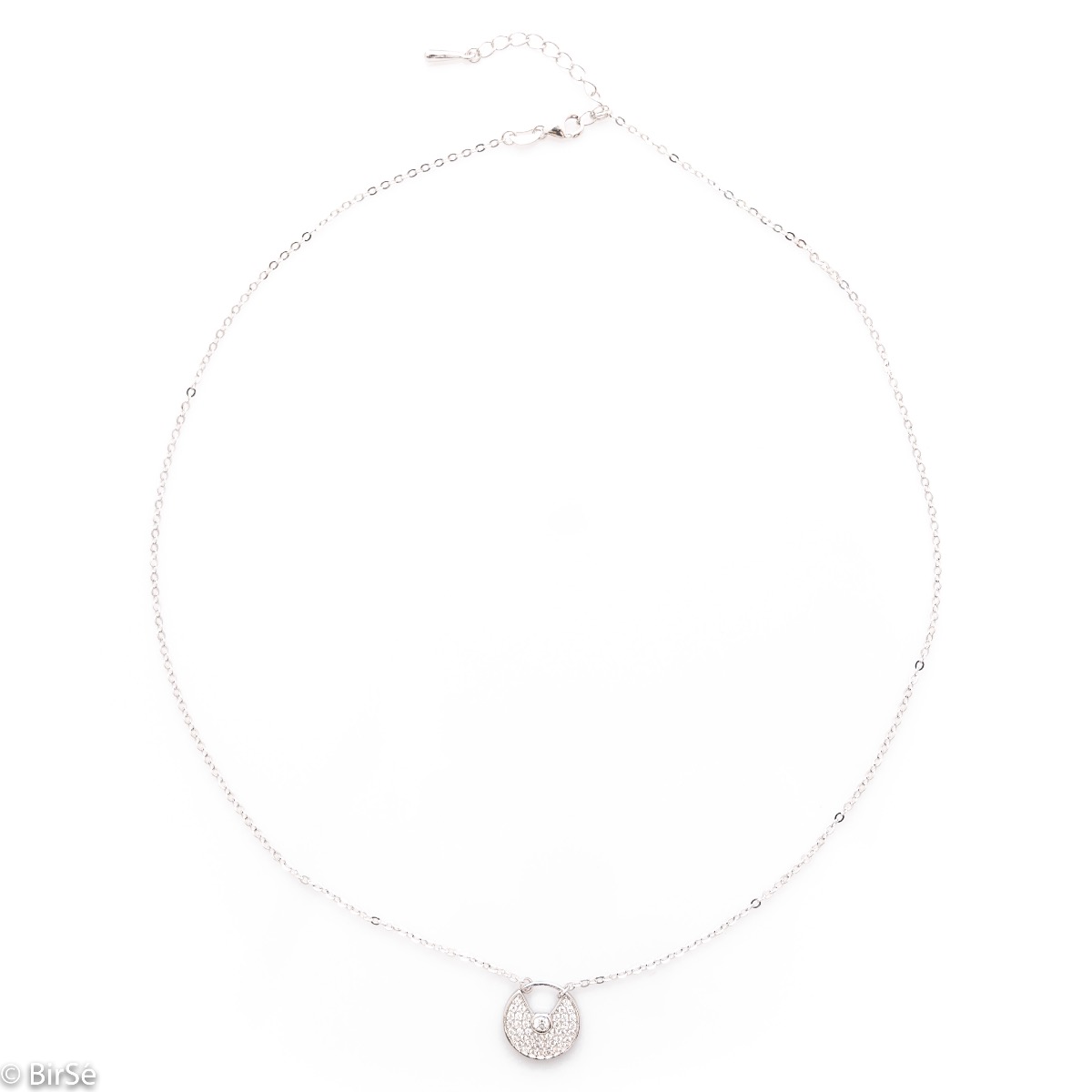 An elegant silver necklace with a delicate, central circle studded with sparkling zircons and precision craftsmanship entirely in rhodium-plated silver.