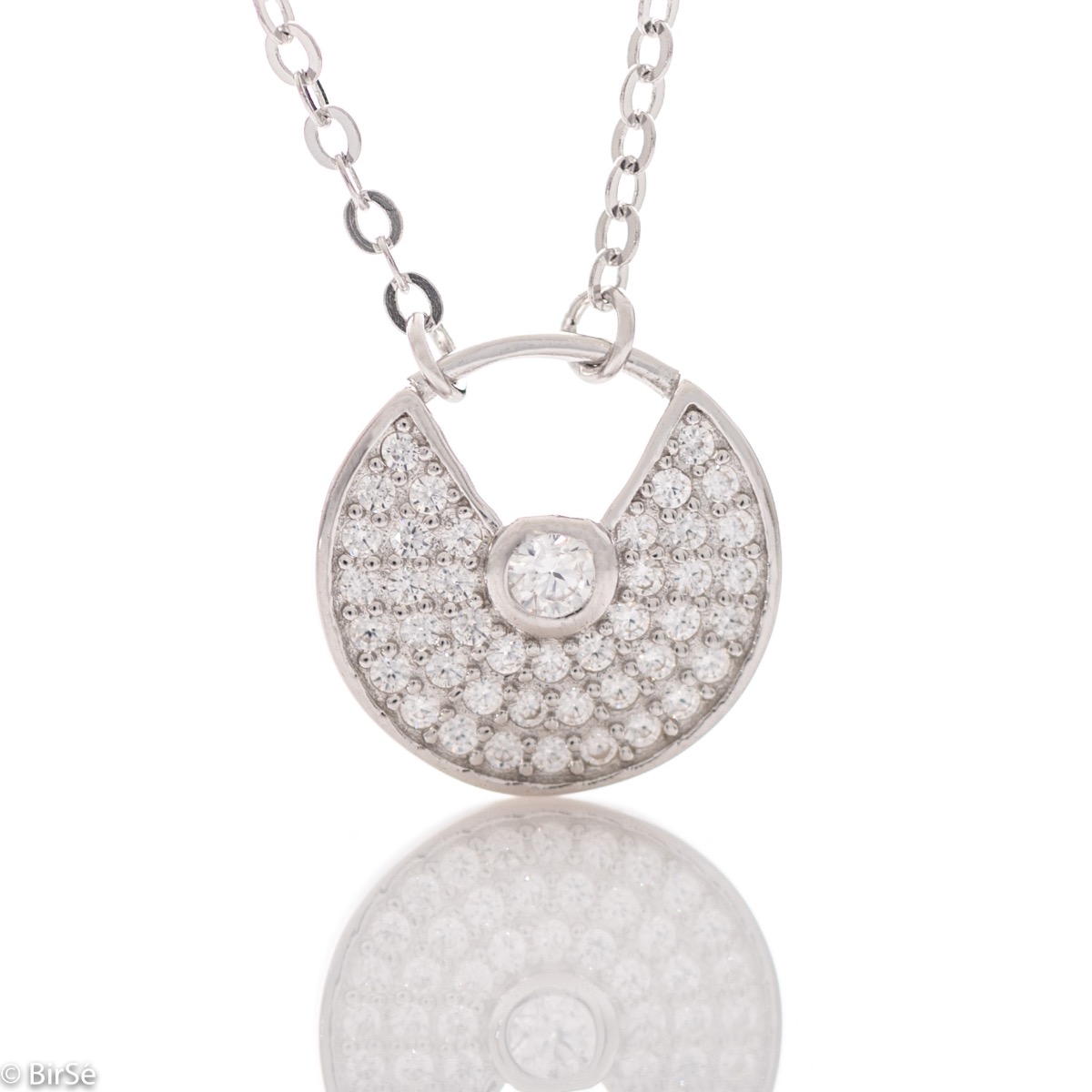 An elegant silver necklace with a delicate, central circle studded with sparkling zircons and precision craftsmanship entirely in rhodium-plated silver.