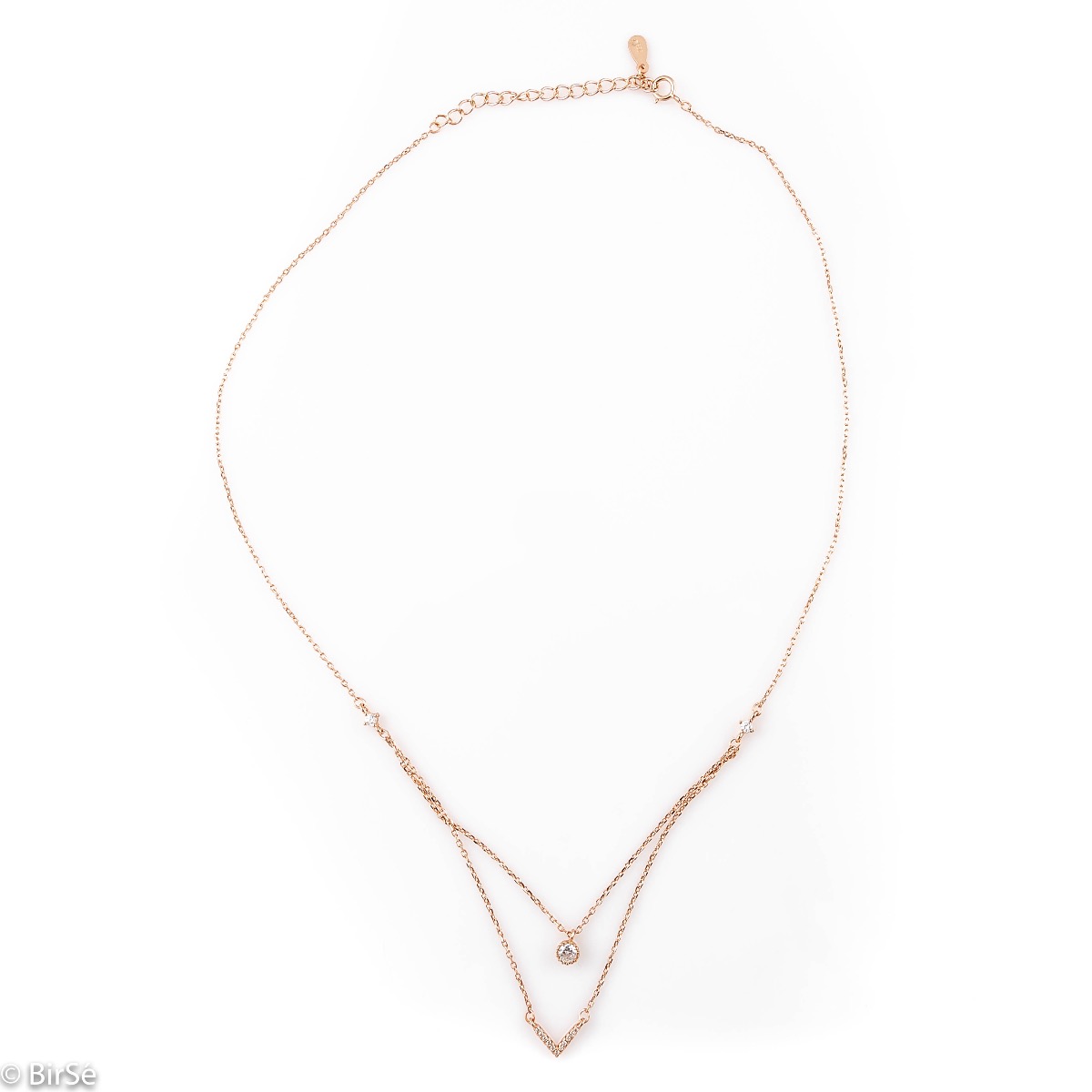 Extremely delicate and elegant women's necklace with a double chain and exquisite elements. Precise workmanship combining rhodium-plated rose silver with fine zircons.