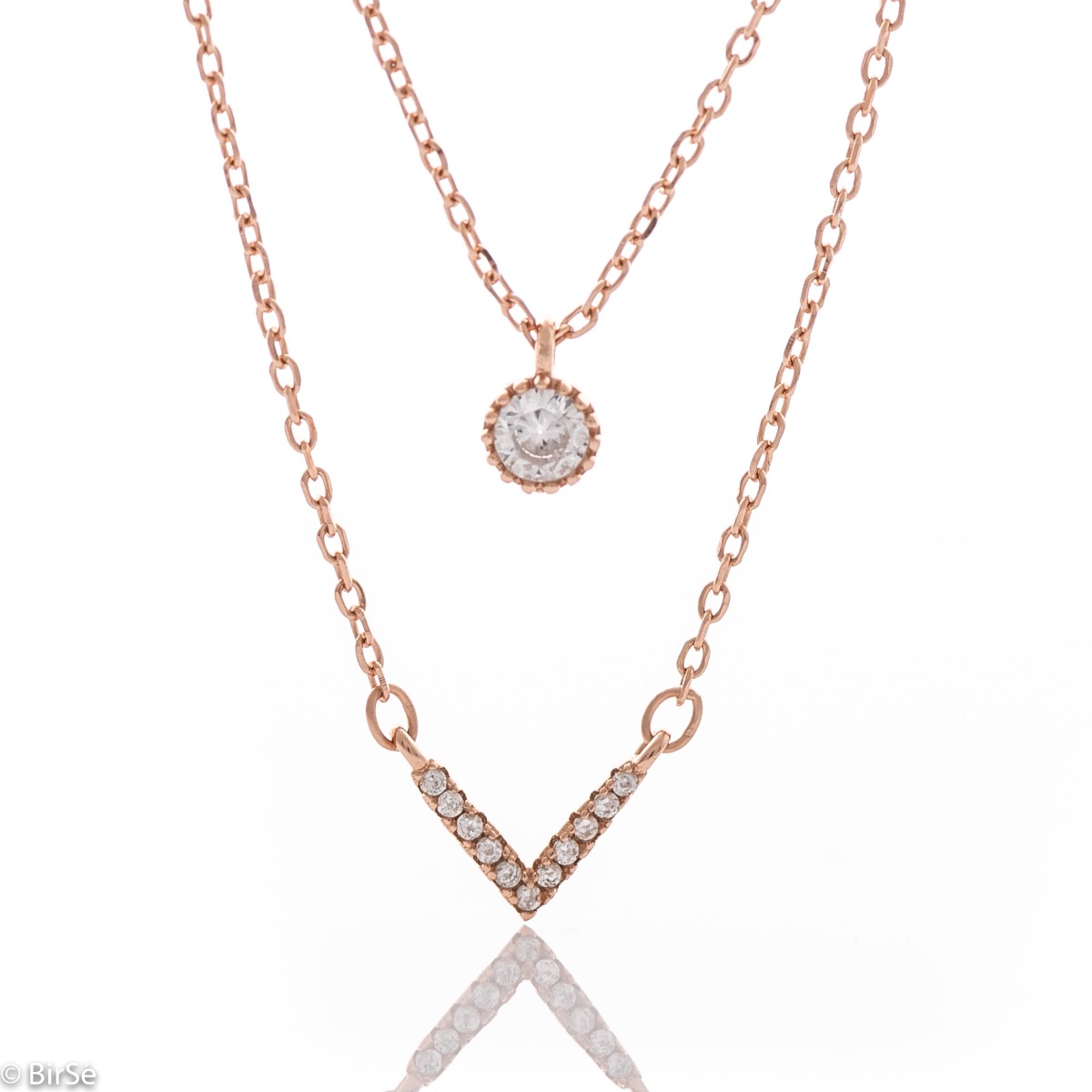 Extremely delicate and elegant women's necklace with a double chain and exquisite elements. Precise workmanship combining rhodium-plated rose silver with fine zircons.