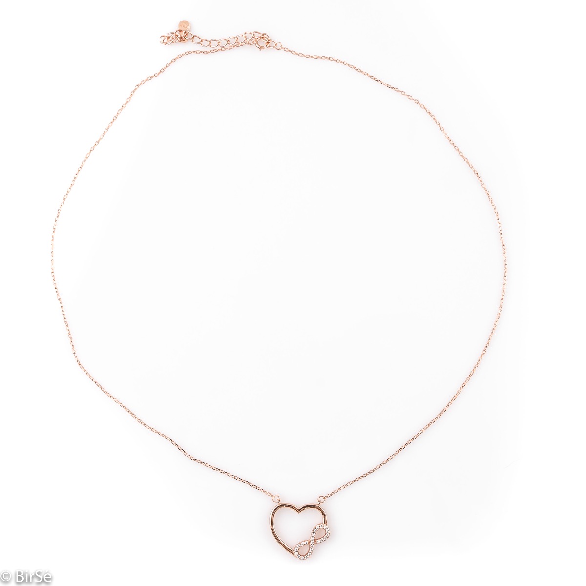 An exquisite women's necklace made entirely of rhodium-plated rose silver, complemented by sparkling zircons and a beautiful heart shape, intertwining a gentle infinity.