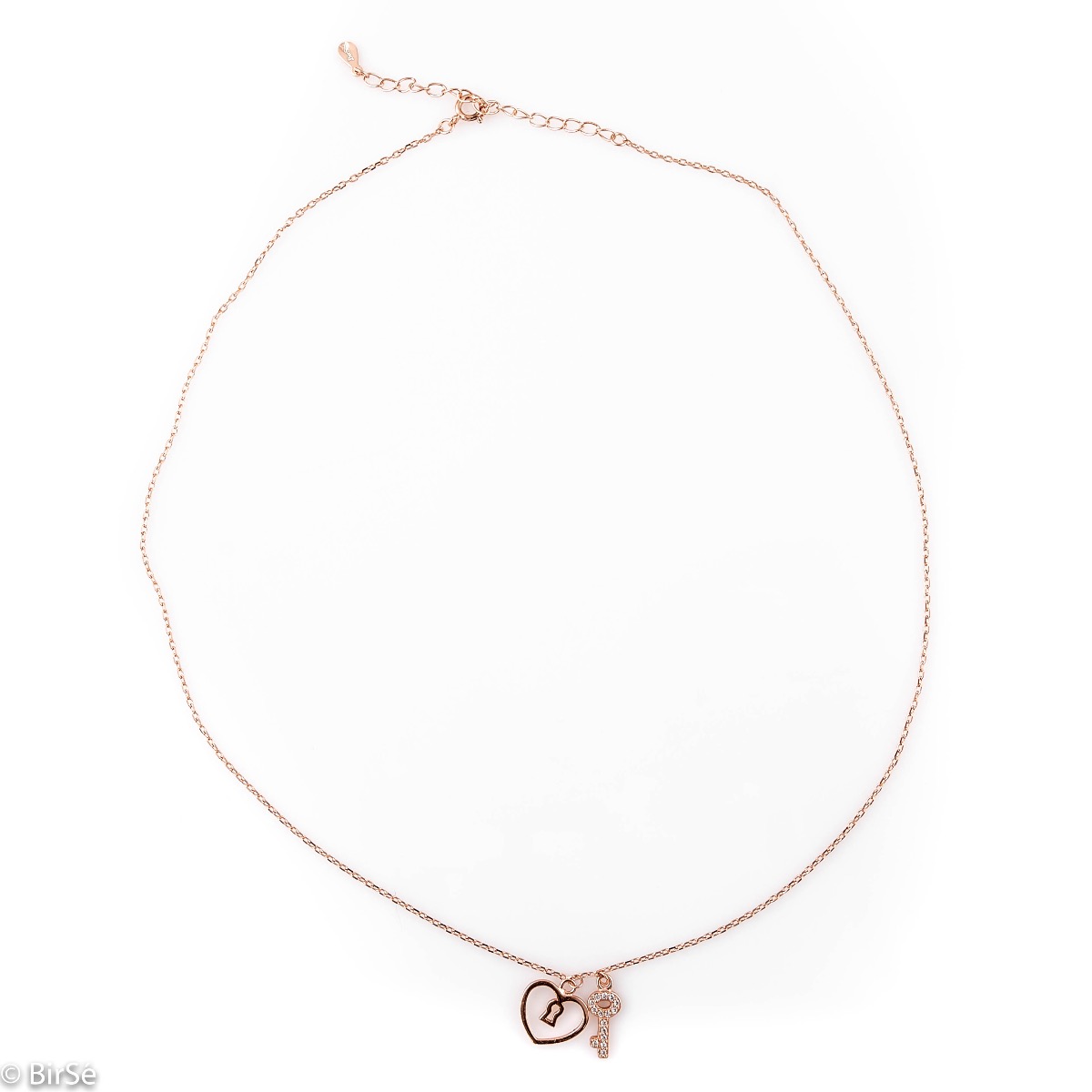 Extremely gentle ladies' necklace with a fine heart-shaped lock, complemented by a little kitty. Precisely crafted entirely from rhodium-plated rose silver, combined with sparkling zircons.