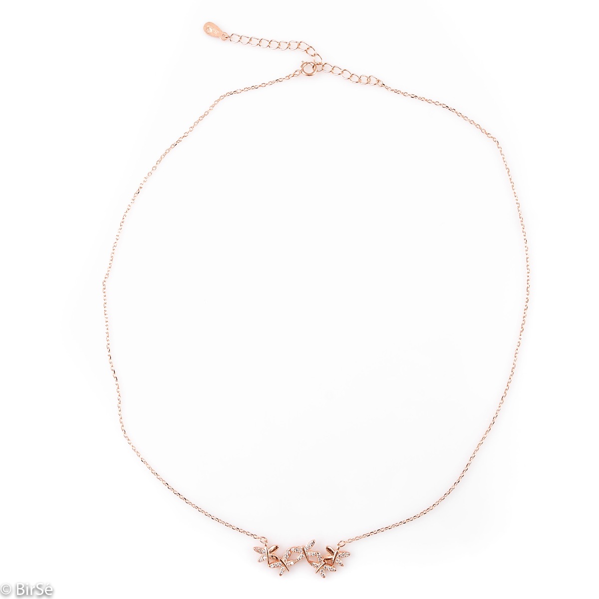 Spectacular women's necklace with precise and fine workmanship entirely of soft pink silver, complemented by glittering zircons and an exquisite shape of numerous small butterflies.