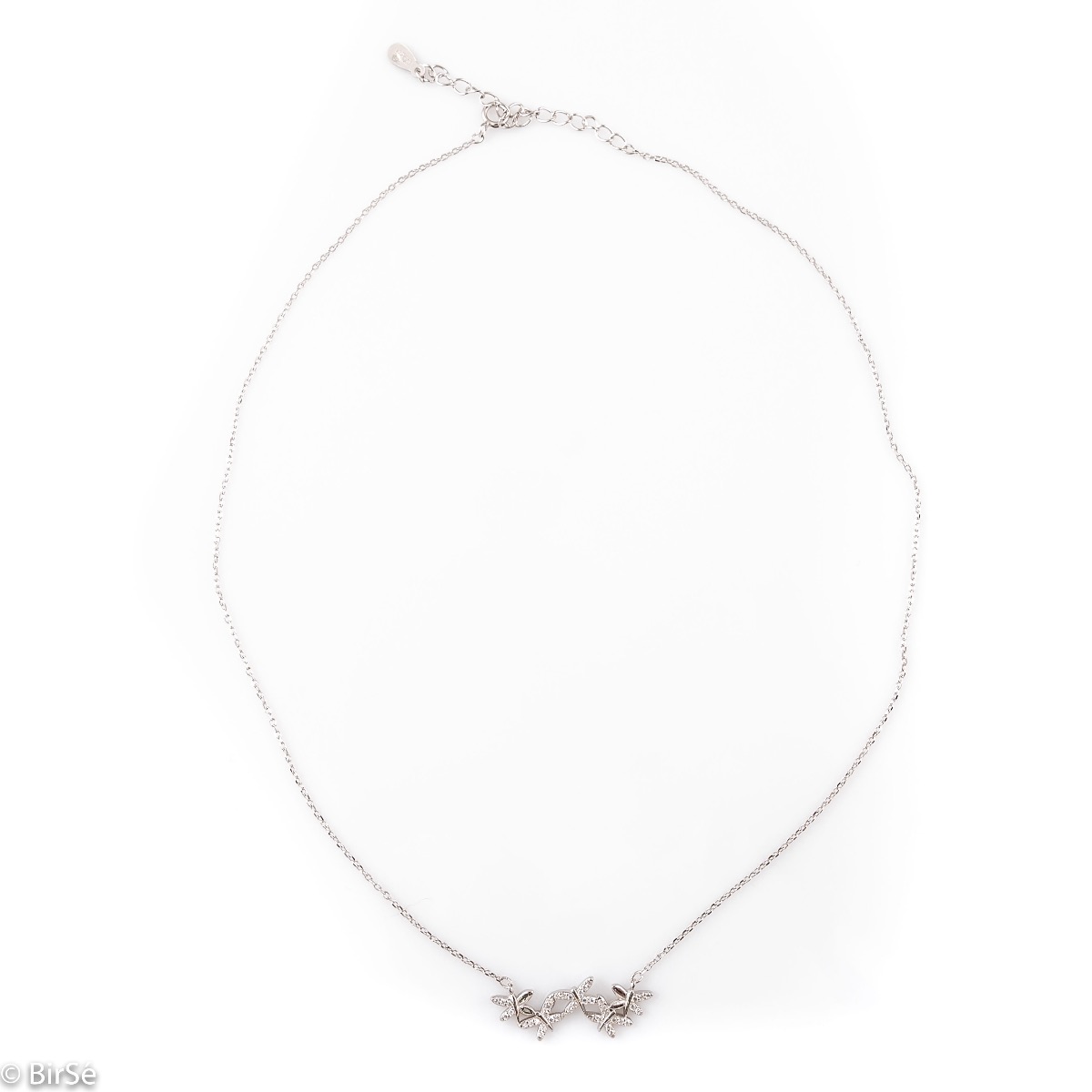 Spectacular women's necklace with precise and fine workmanship entirely of soft rhodium silver, complemented by sparkling zircons and an exquisite shape of numerous small butterflies.