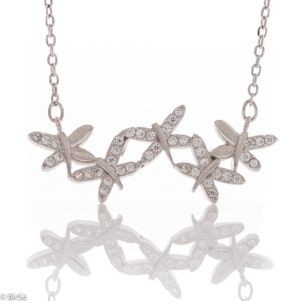 Spectacular women's necklace with precise and fine workmanship entirely of soft rhodium silver, complemented by sparkling zircons and an exquisite shape of numerous small butterflies.