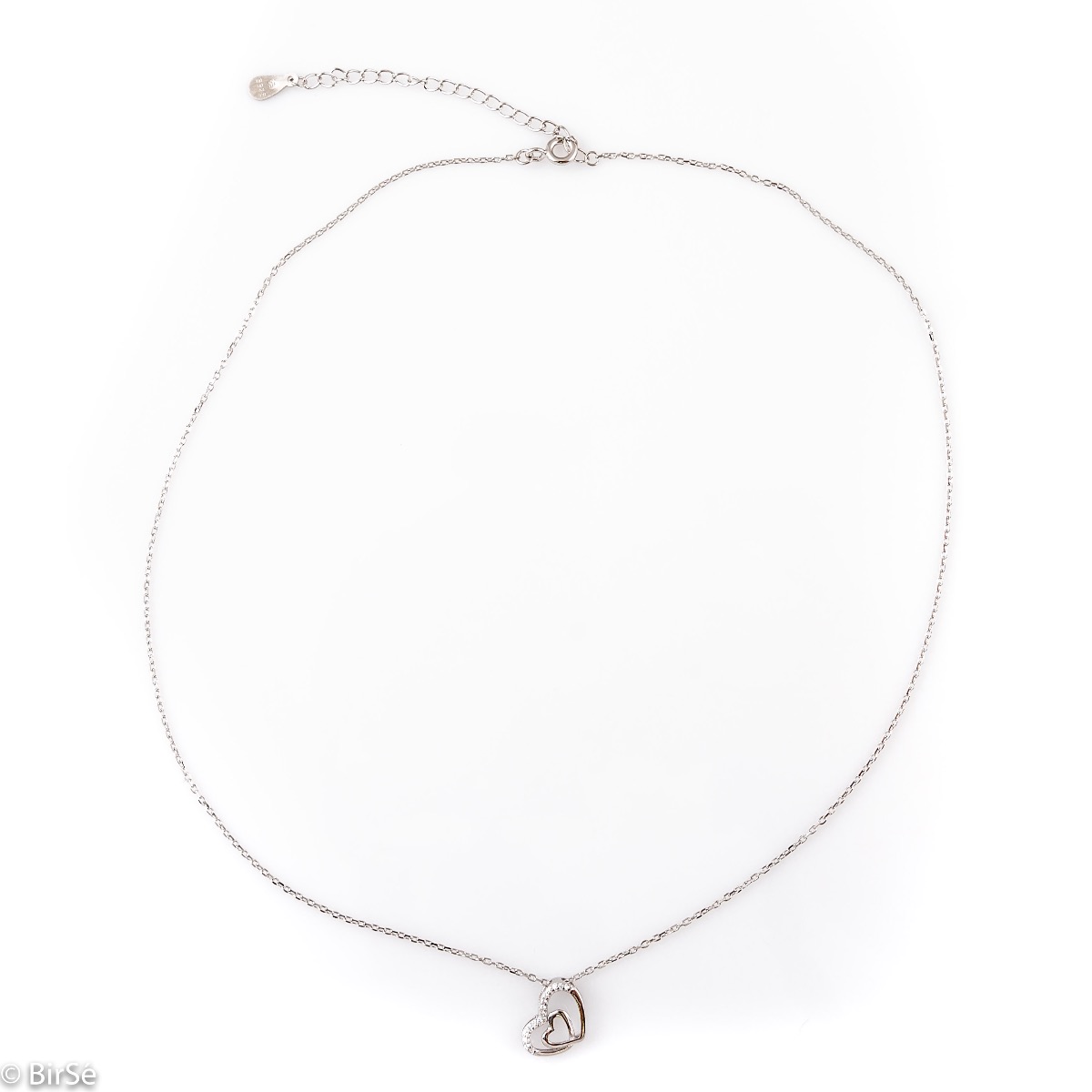 An exquisite women's necklace with two fine intertwined hearts, made entirely of soft rhodium-plated silver, complemented by the sparkle of white zircons.