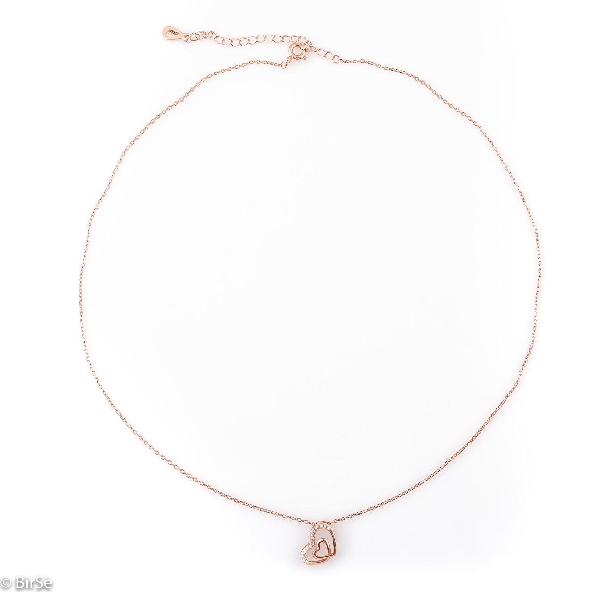 An exquisite women's necklace with two delicate intertwined hearts, made entirely of delicate rose silver, complemented by the sparkle of white zircons.