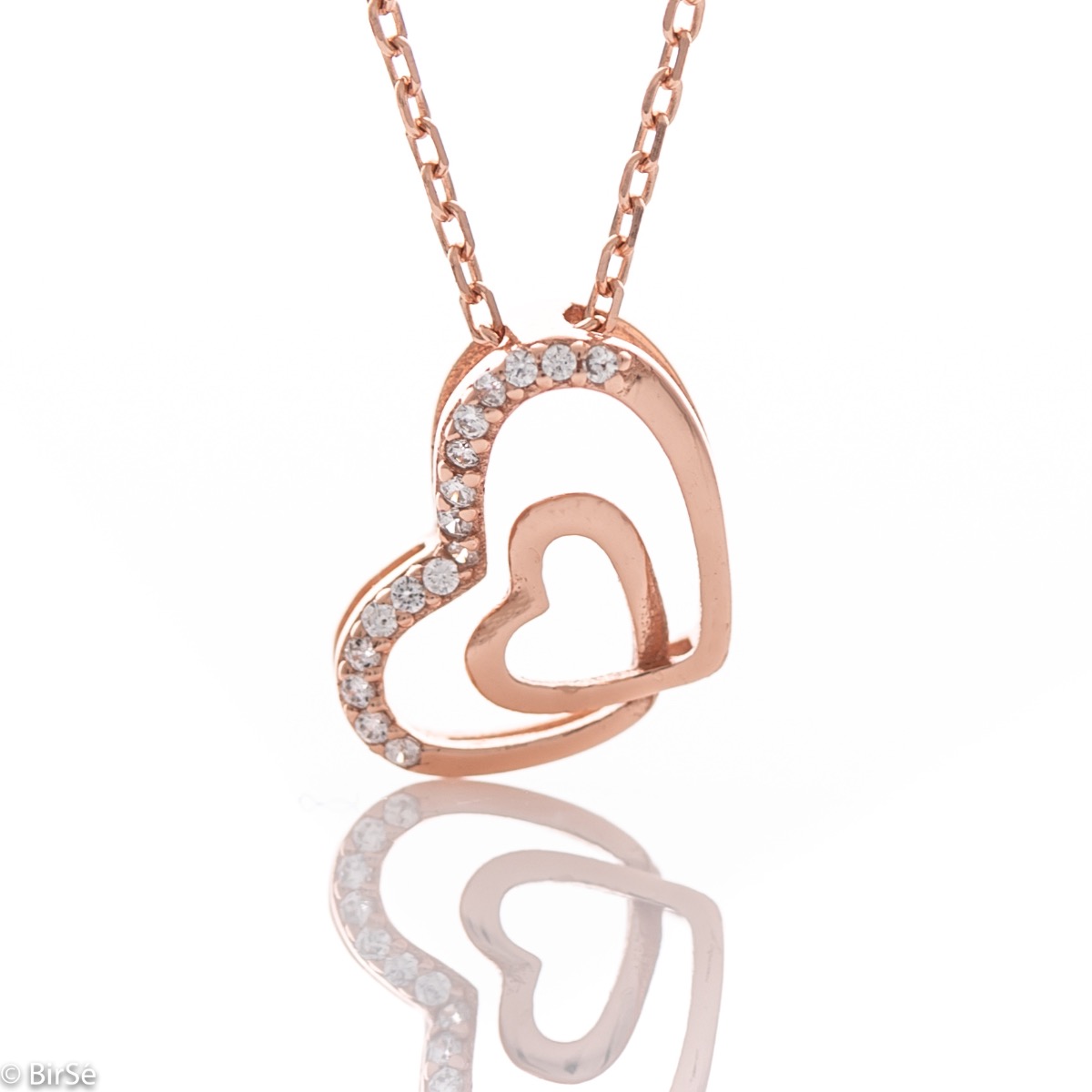 An exquisite women's necklace with two delicate intertwined hearts, made entirely of delicate rose silver, complemented by the sparkle of white zircons.