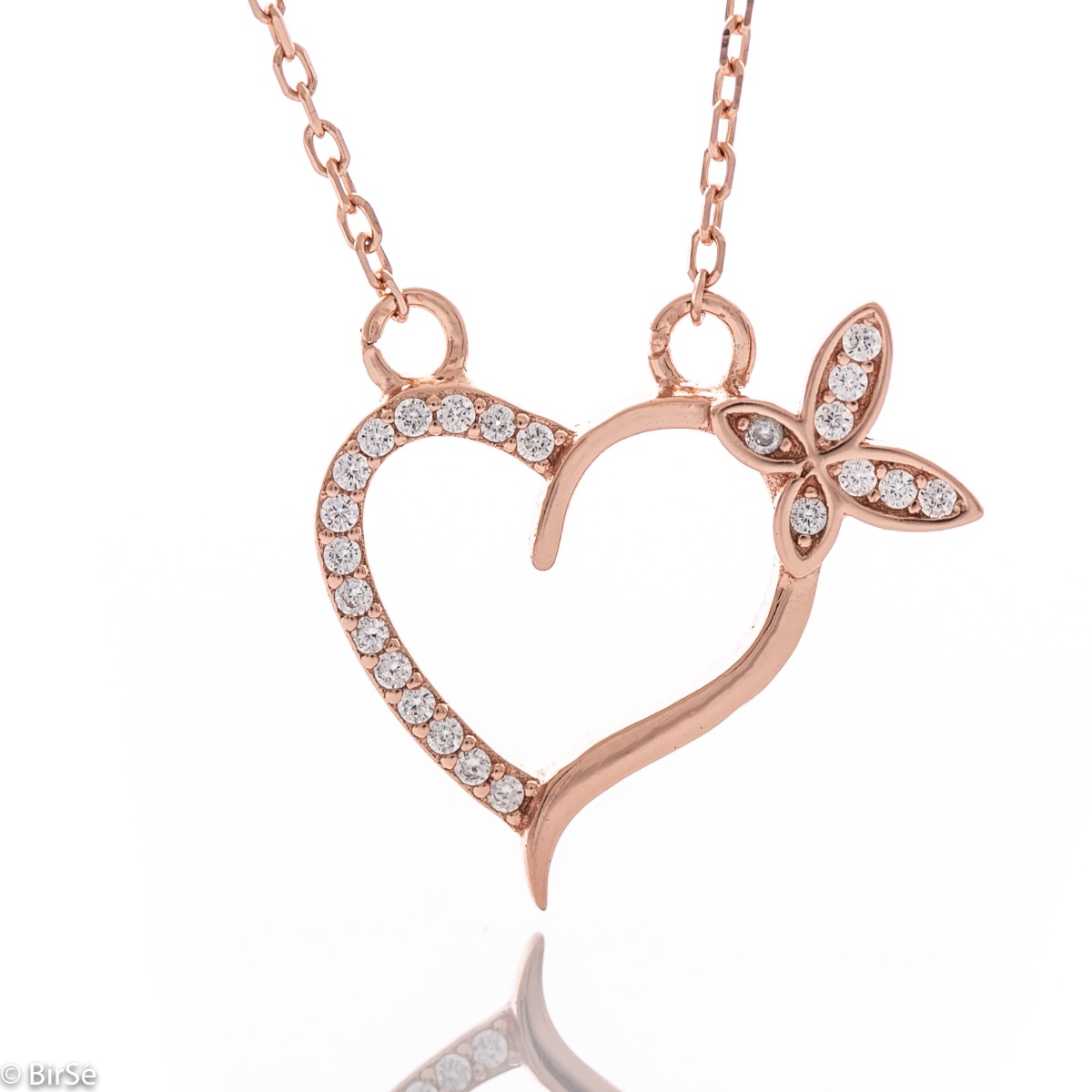 An extremely beautiful women's necklace with delicate workmanship entirely of rose silver, complemented by fine zircons and an exquisite shape of a gentle heart with a small butterfly.