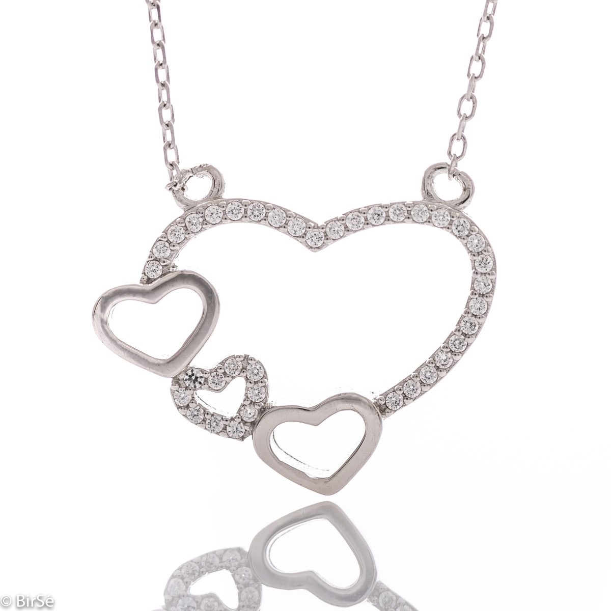 An exquisite women's necklace with precise craftsmanship combining delicate rhodium silver with sparkling zircons and the shape of four beautiful hearts.