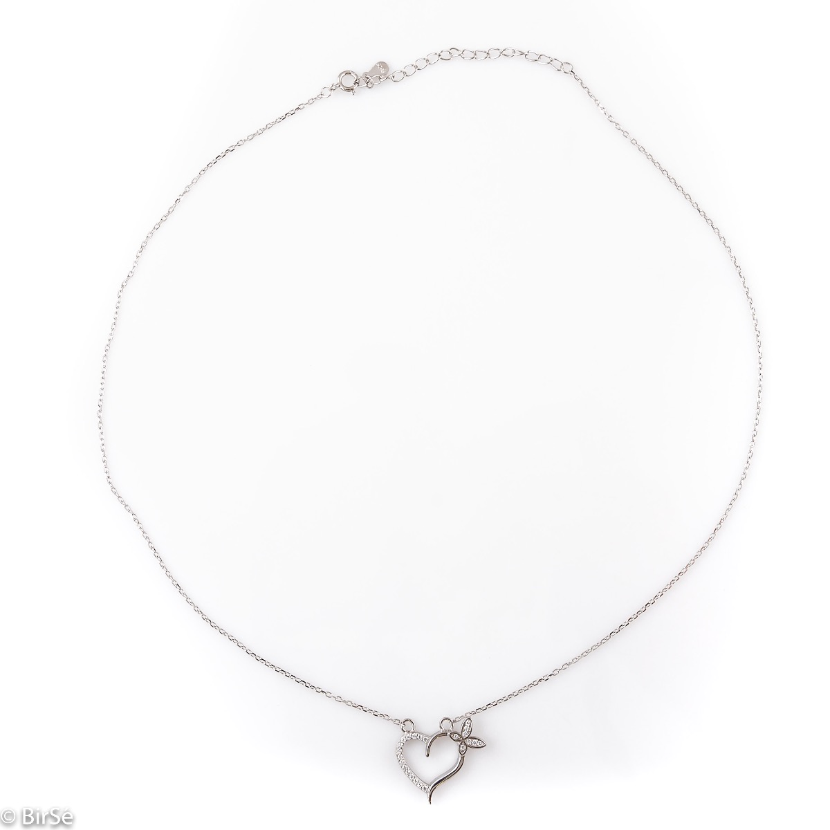 A delicate women's necklace with a heart and a butterfly and exquisite workmanship entirely of rhodium-plated silver, complemented by sparkling zircons.