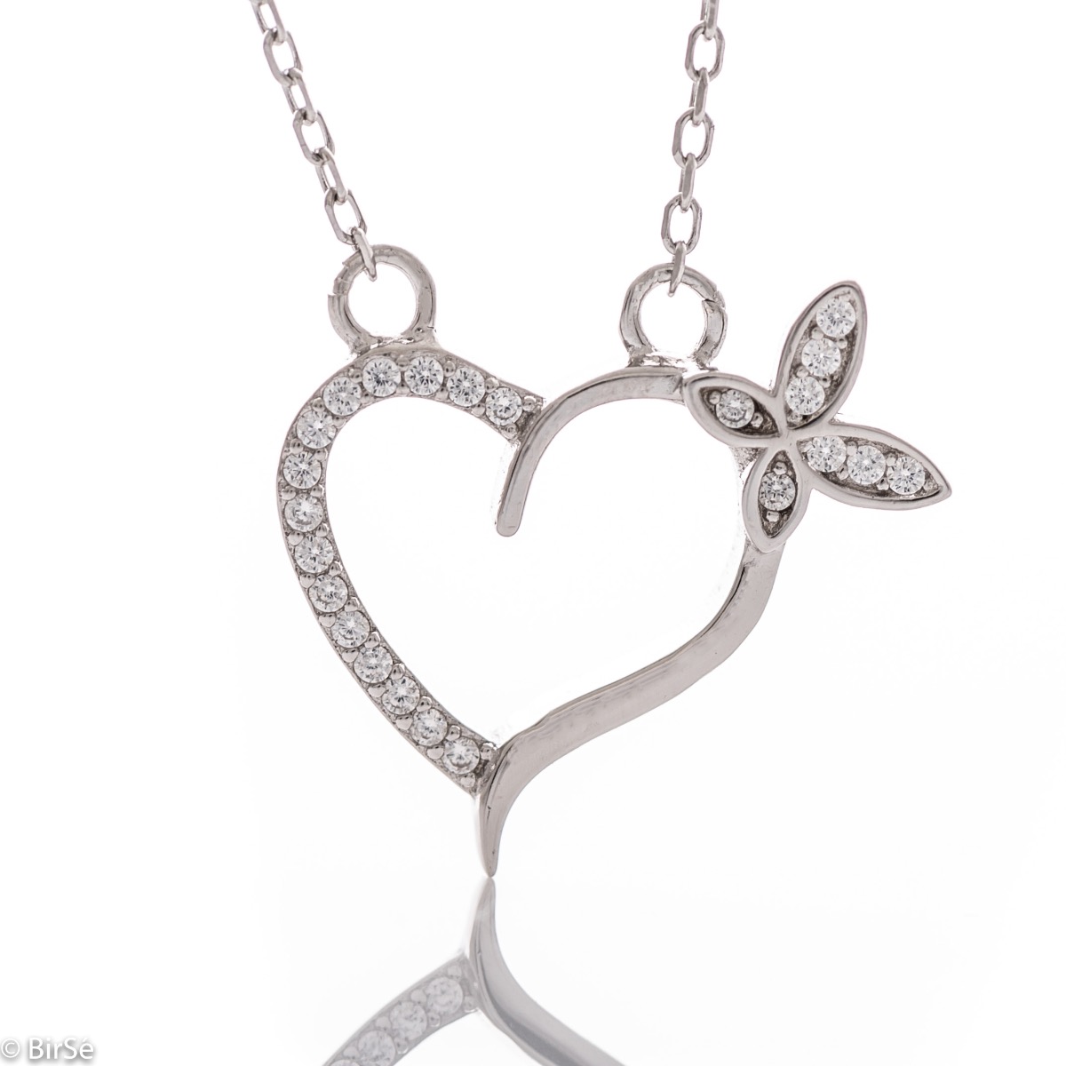 A delicate women's necklace with a heart and a butterfly and exquisite workmanship entirely of rhodium-plated silver, complemented by sparkling zircons.