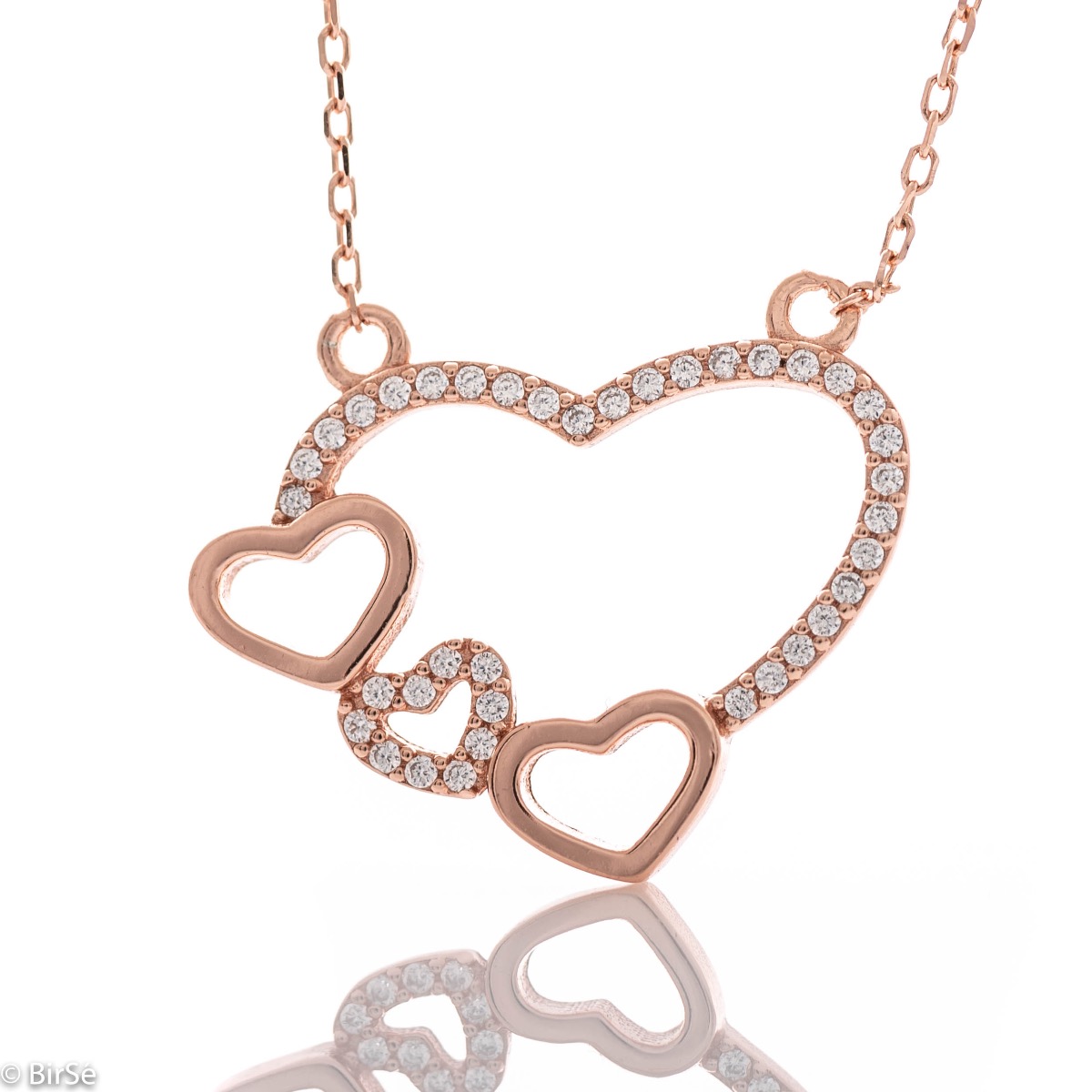 An exquisite women's necklace, intertwining numerous beautiful hearts with delicate workmanship entirely of rose silver and glittering zircons.