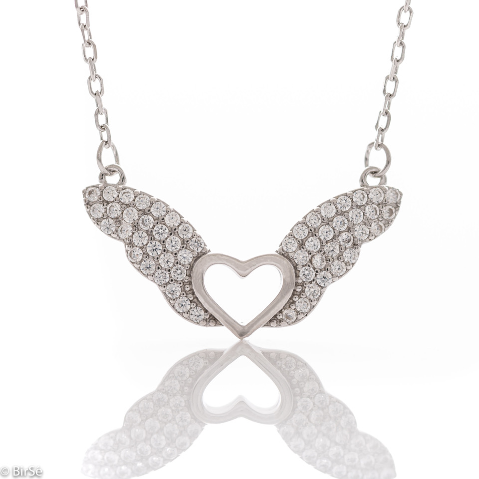 Captivating women's necklace in rhodium-plated silver with an impressive delicate heart design, complemented by two sparkling wings studded with zircons.