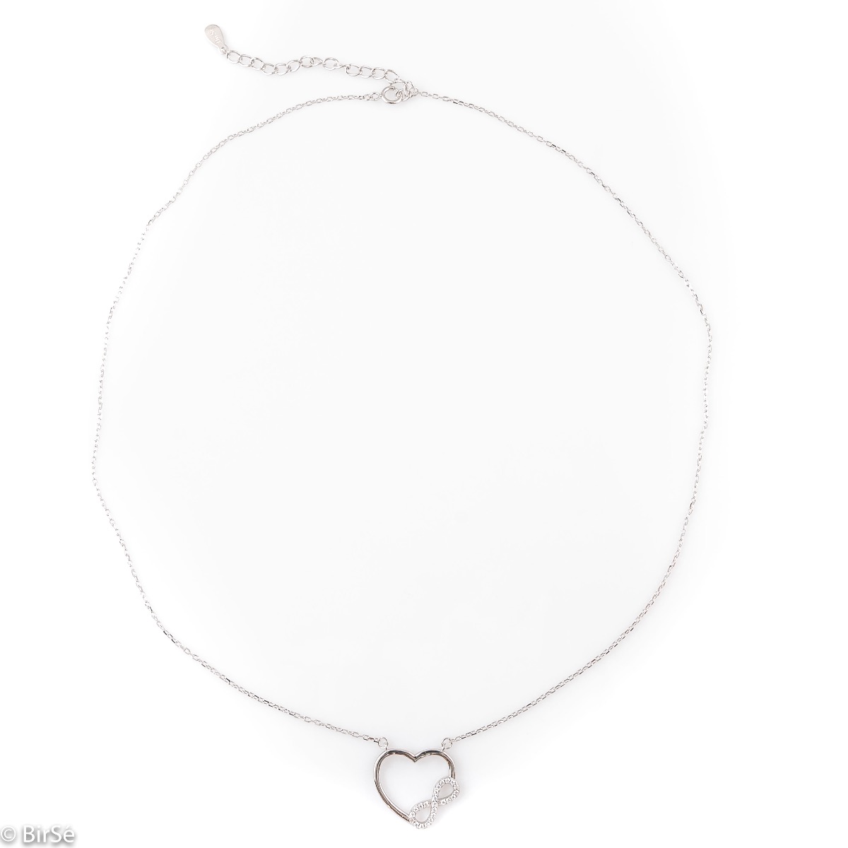 Extremely delicate silver necklace in the shape of a heart and infinity flowing into each other. Stylish compositional design of the elements and details from a fine combination of rhodium-plated silver with sparkling zircon stones.