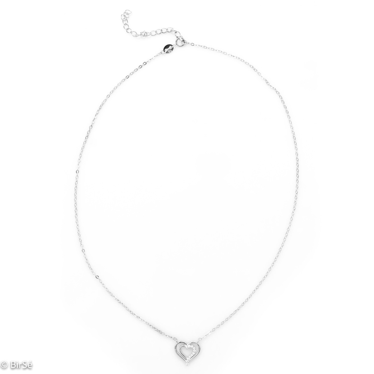 A delicate rhodium-plated silver heart-shaped necklace for women, elegantly sculpted and decorated with sparkling zircons.