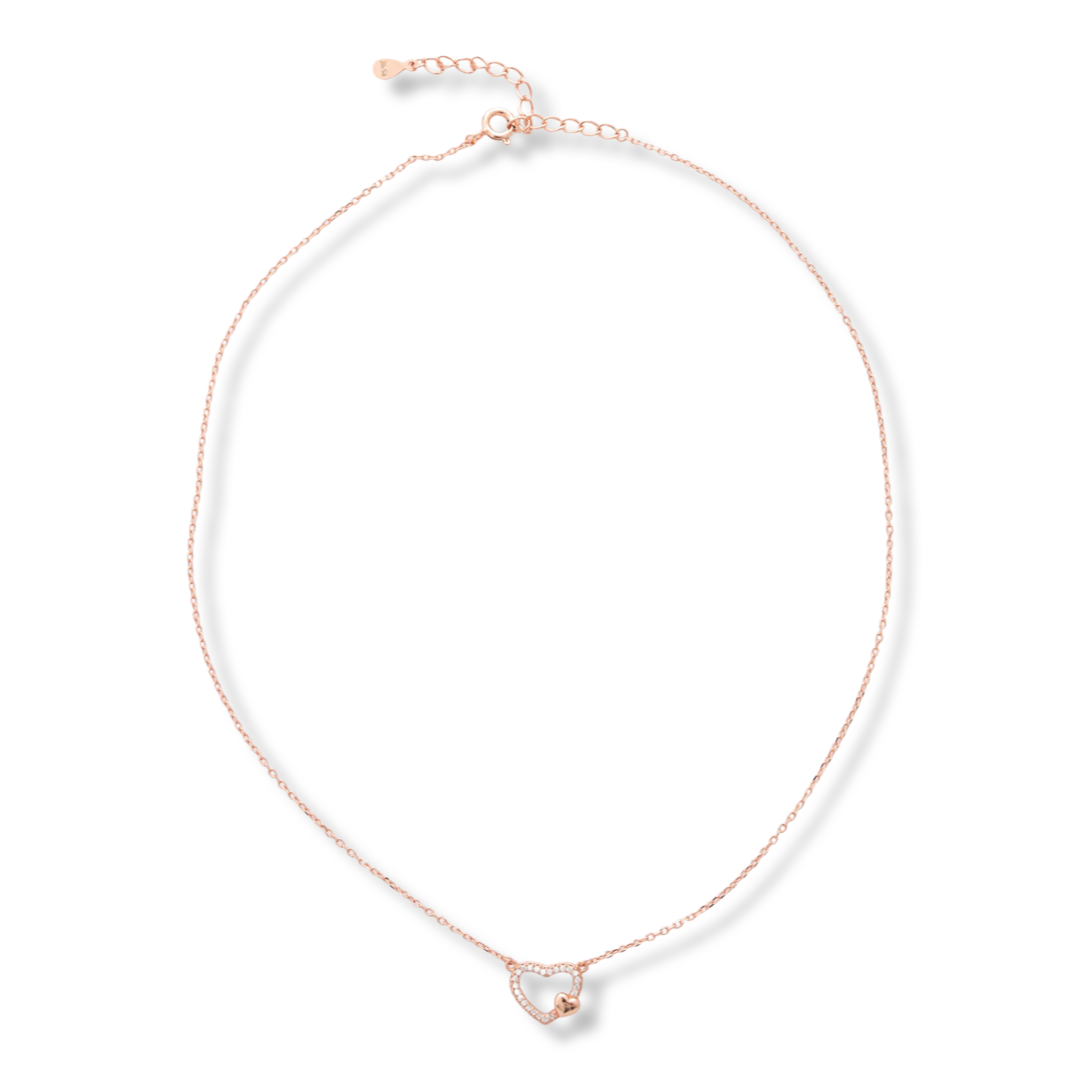 Temptingly crafted women's fine rose silver necklace with two hearts and countless glittering zircons. The jewelry is suitable for romantic ladies and also carries symbolism for expectant mothers carrying the new life under their heart.