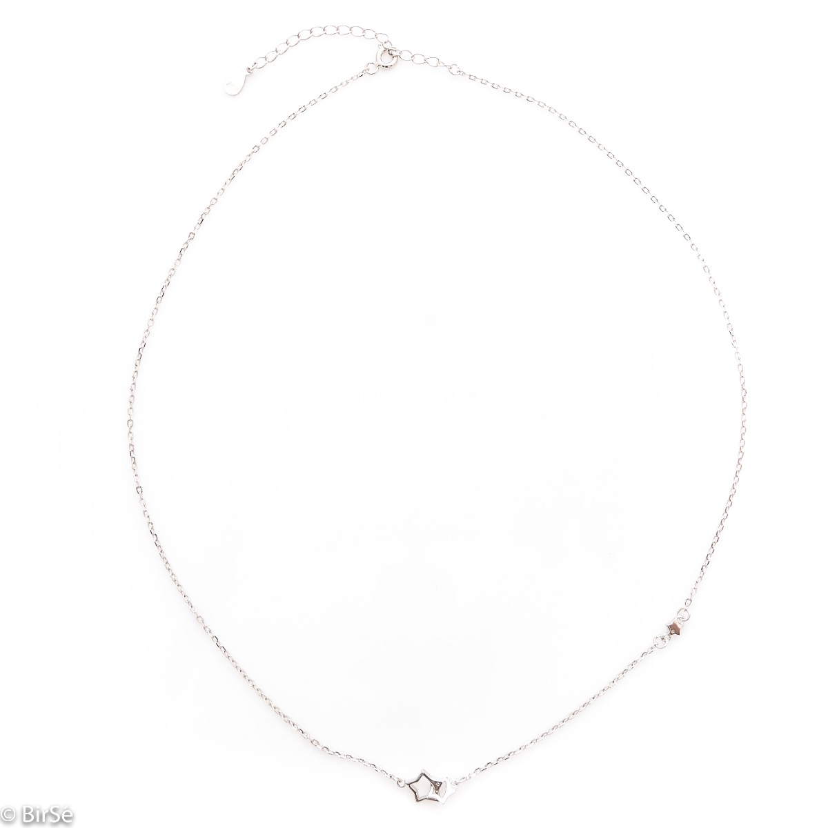 Extremely fine silver necklace with small elements of two interlaced stars and delicate workmanship entirely of shiny rhodium silver.