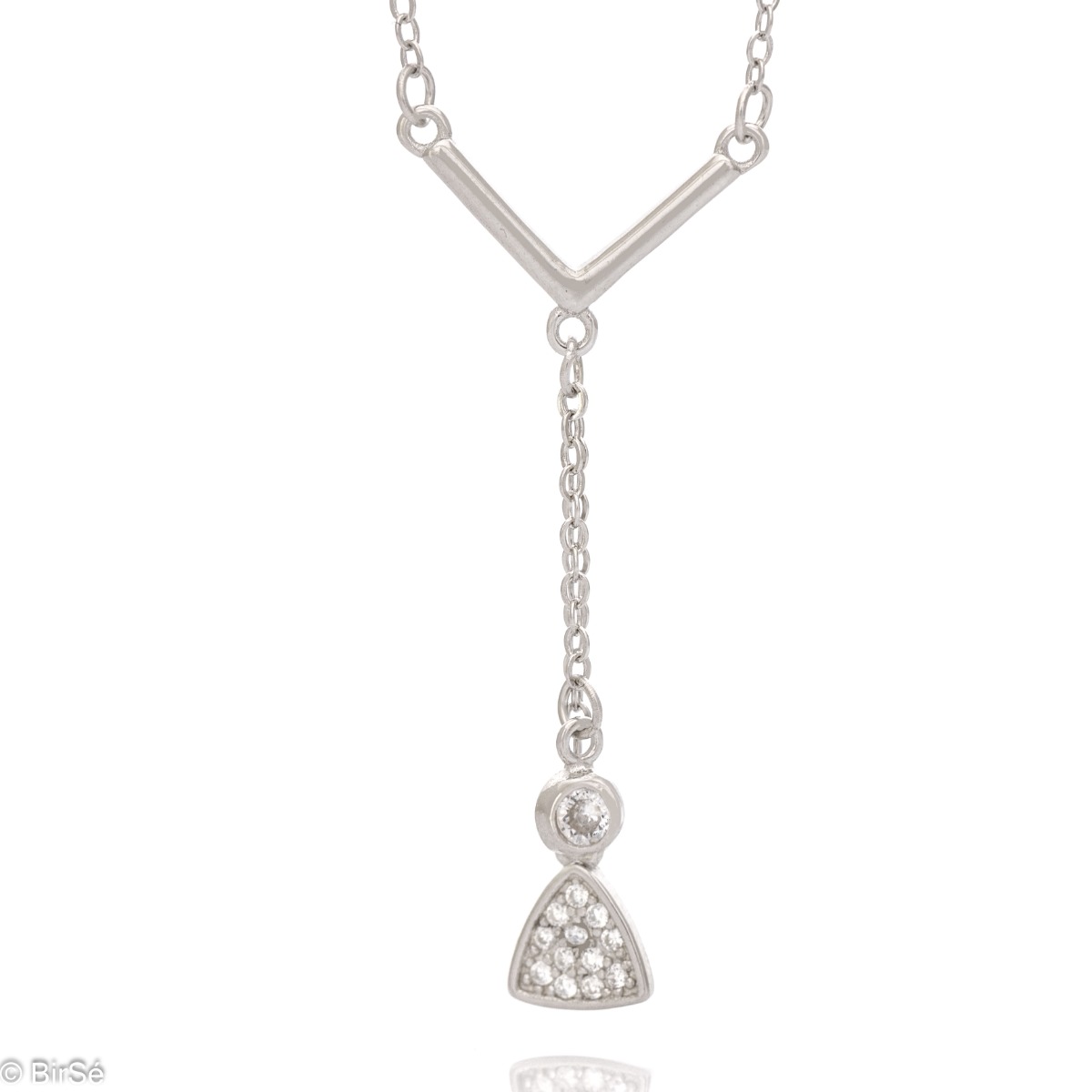 Stylish women's necklace made of rhodium-plated shiny silver with a spectacular design. Pendants with zircons dangle beautifully on a V-shaped element. The jewelry is suitable for your everyday life and your great mood.