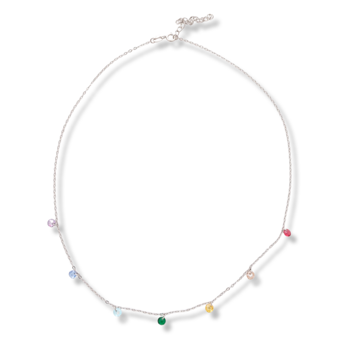 Extremely impressive silver necklace "Shareniya" with multi-colored zircons. Stylish and exquisite craftsmanship from a fine combination of rhodium-plated silver and beautifully processed colored zircons, placed exquisitely on a fine chain. A suitable pie