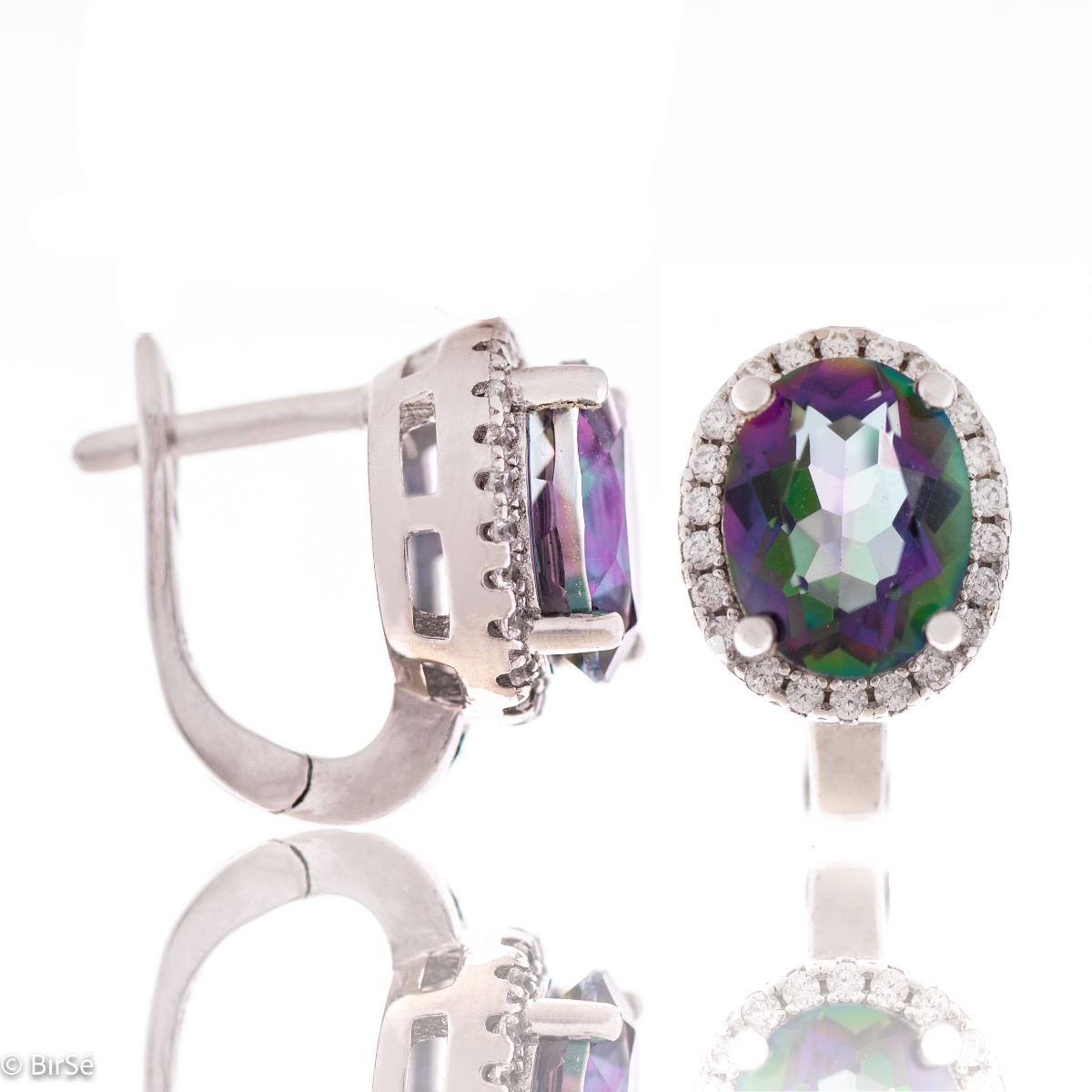 Elegant ladies earrings with English clasp and stylish design. Crafted entirely from soft rhodium-plated sterling silver, paired with a charming natural stone, mystic topaz, and sparkling zircons.