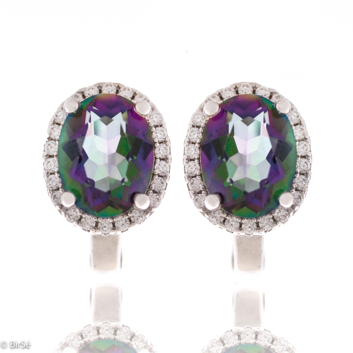 Elegant ladies earrings with English clasp and stylish design. Crafted entirely from soft rhodium-plated sterling silver, paired with a charming natural stone, mystic topaz, and sparkling zircons.