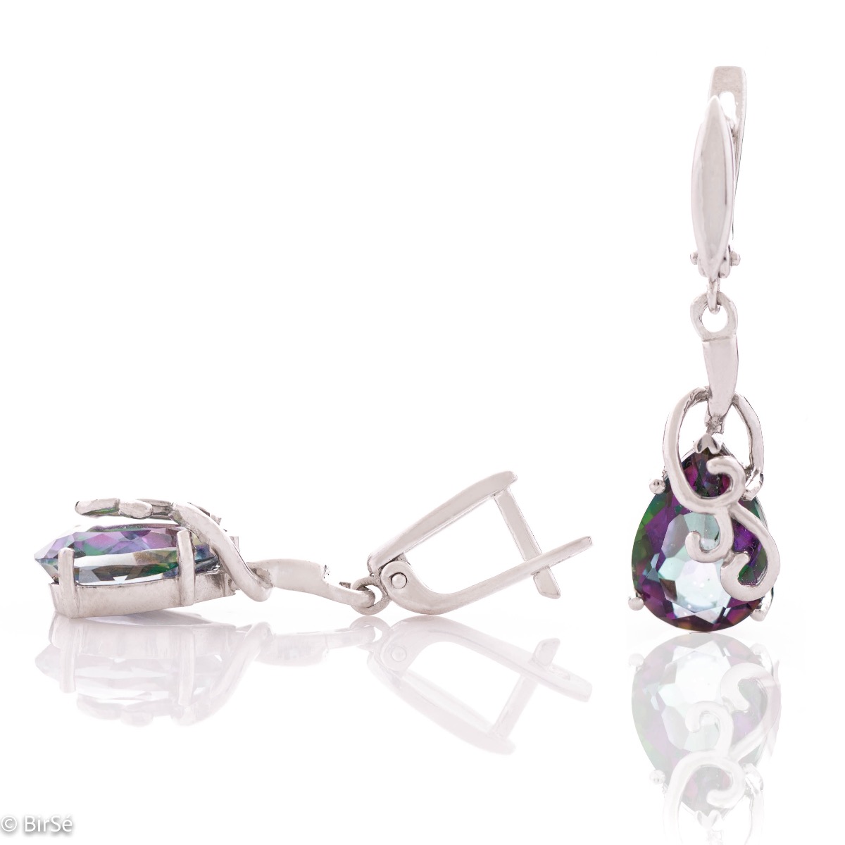 Women's dangling earrings with a unique design and exquisite workmanship entirely of rhodium-plated silver combined with a drop-shaped natural mystic topaz.