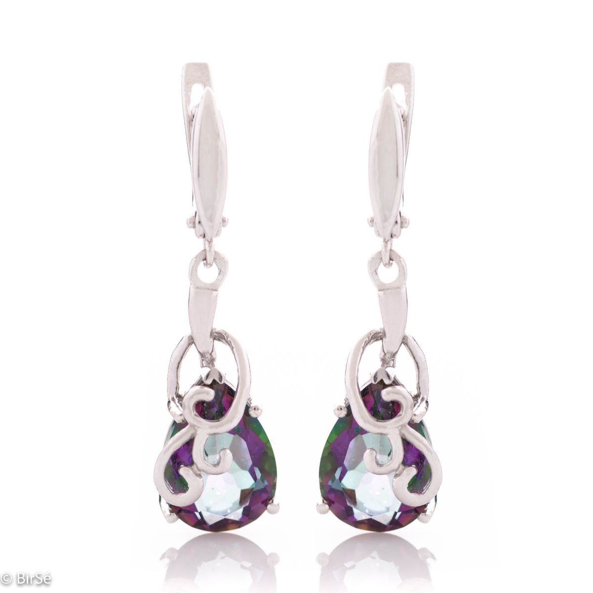 Women's dangling earrings with a unique design and exquisite workmanship entirely of rhodium-plated silver combined with a drop-shaped natural mystic topaz.