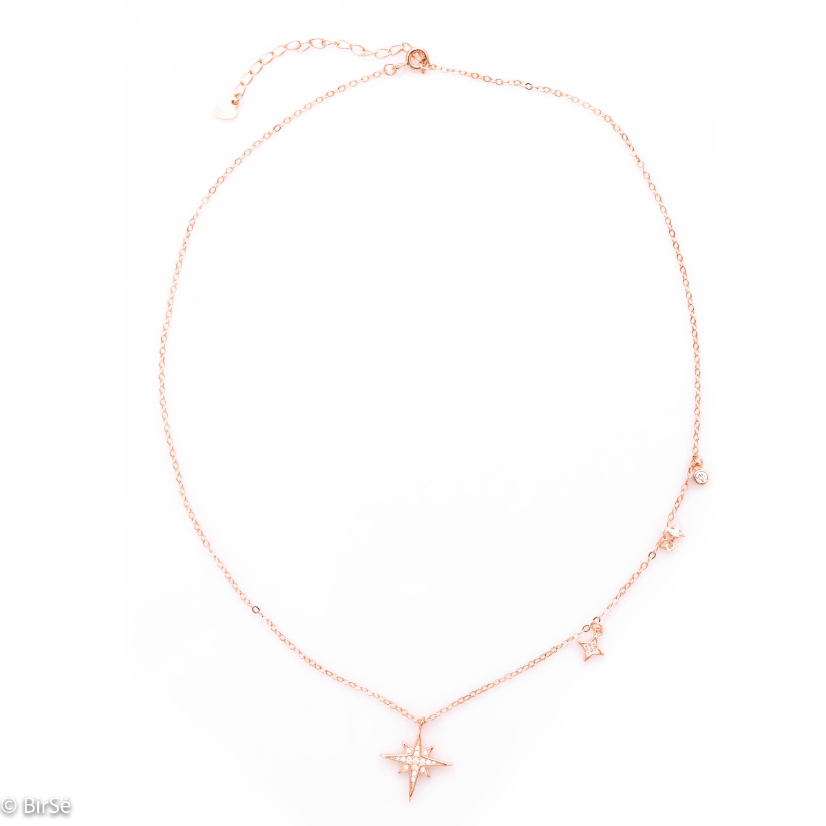 A charming women's necklace in soft pink silver with exquisitely crafted star pendants, asymmetrically placed on one side of the chain.