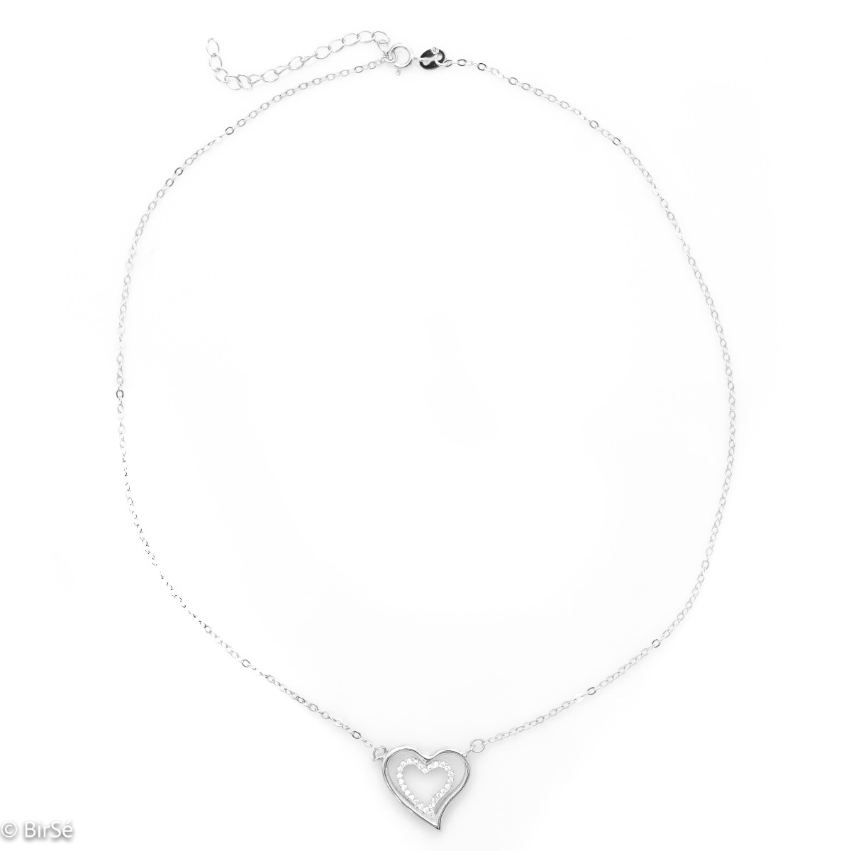 Elegantly crafted rhodium silver necklace with a romantic motif of two hearts in one. The exquisite shape and shine of the zircons will attract the eyes of everyone around you.