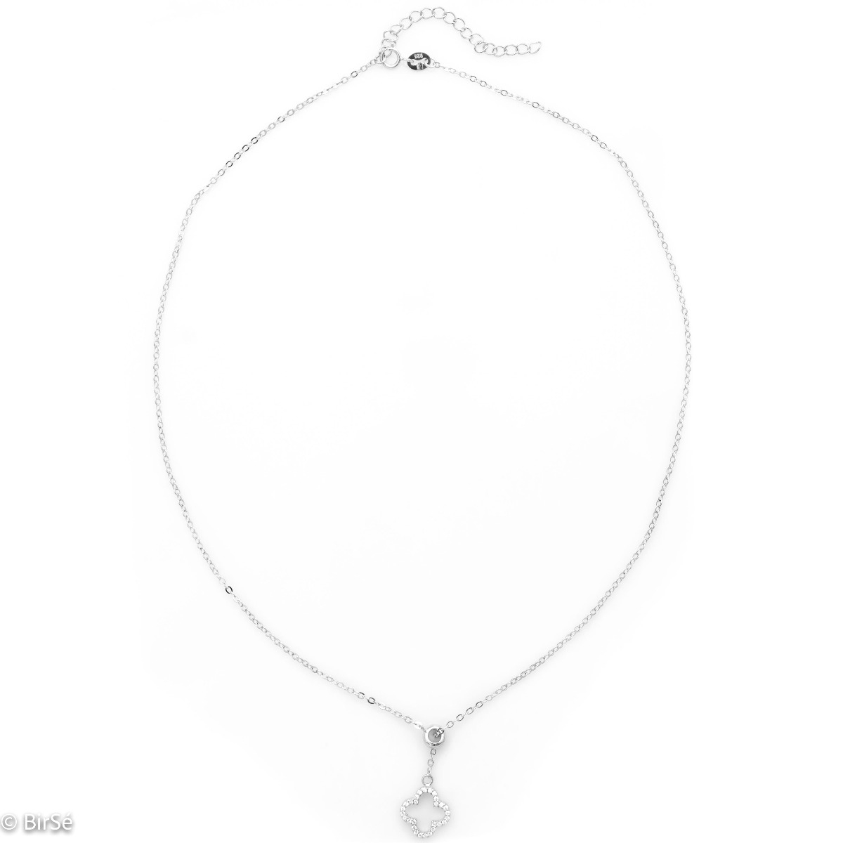 Elegant women's necklace made of rhodium silver - fully covered clover with zircons and a convenient slider on the front to adjust the length of the pendant.