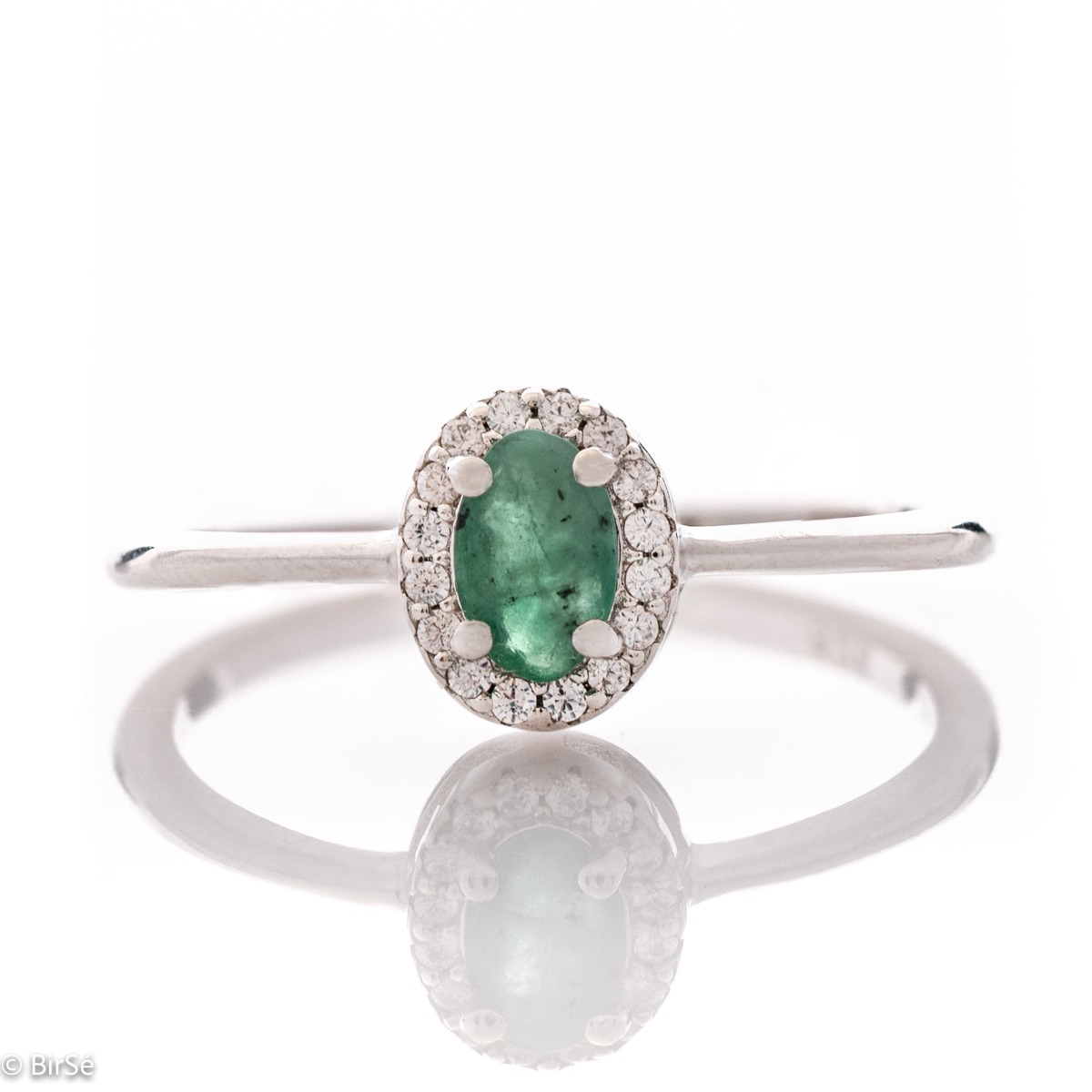 Elegant Women's Ring of Rhodrano Silver with Enchanting Natural Emerald and Zirconi