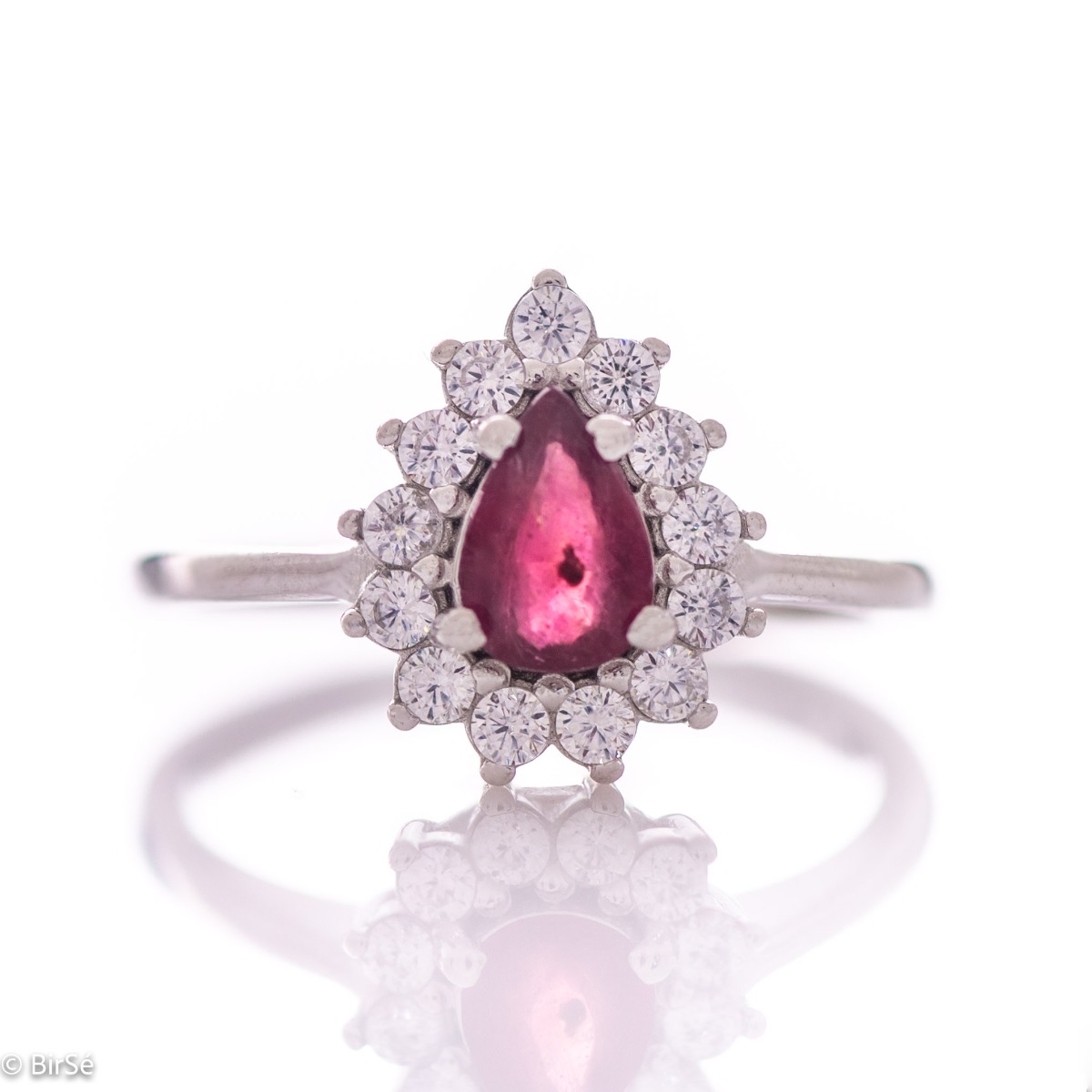 Silver Pear Ring with Natural Ruby